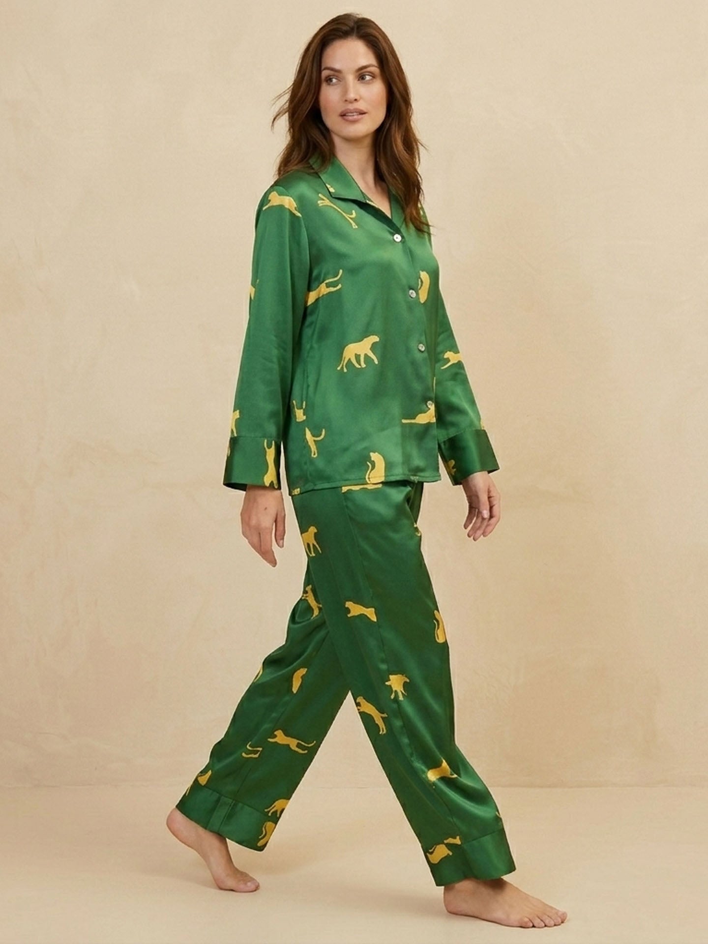 Leopard Print Long Sleeve Trousers Suit #color_Dark green