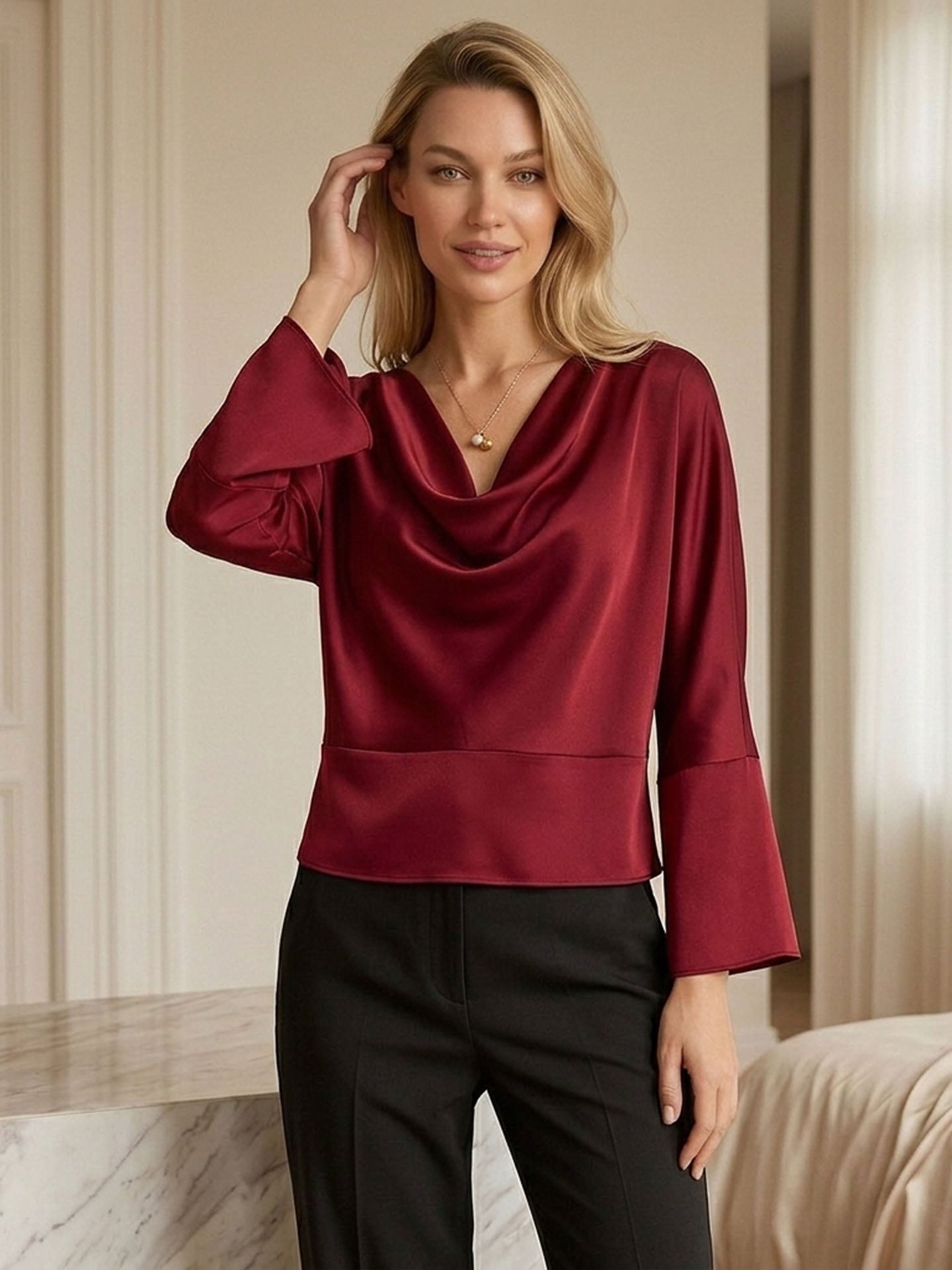 Sculptural Cowl-Neck Mulberry Silk Blouse#color_Burgundy