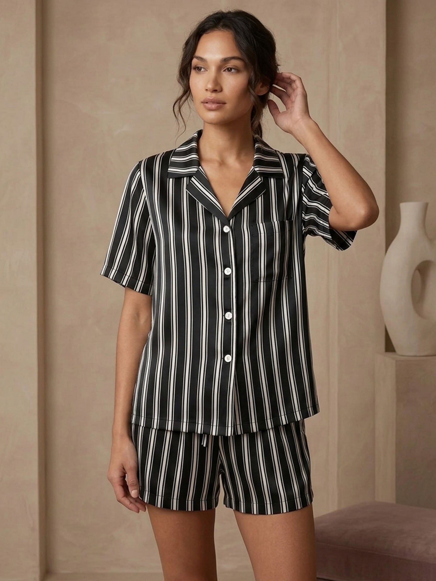 Striped Print Short-sleeved Shorts Set #color_Black