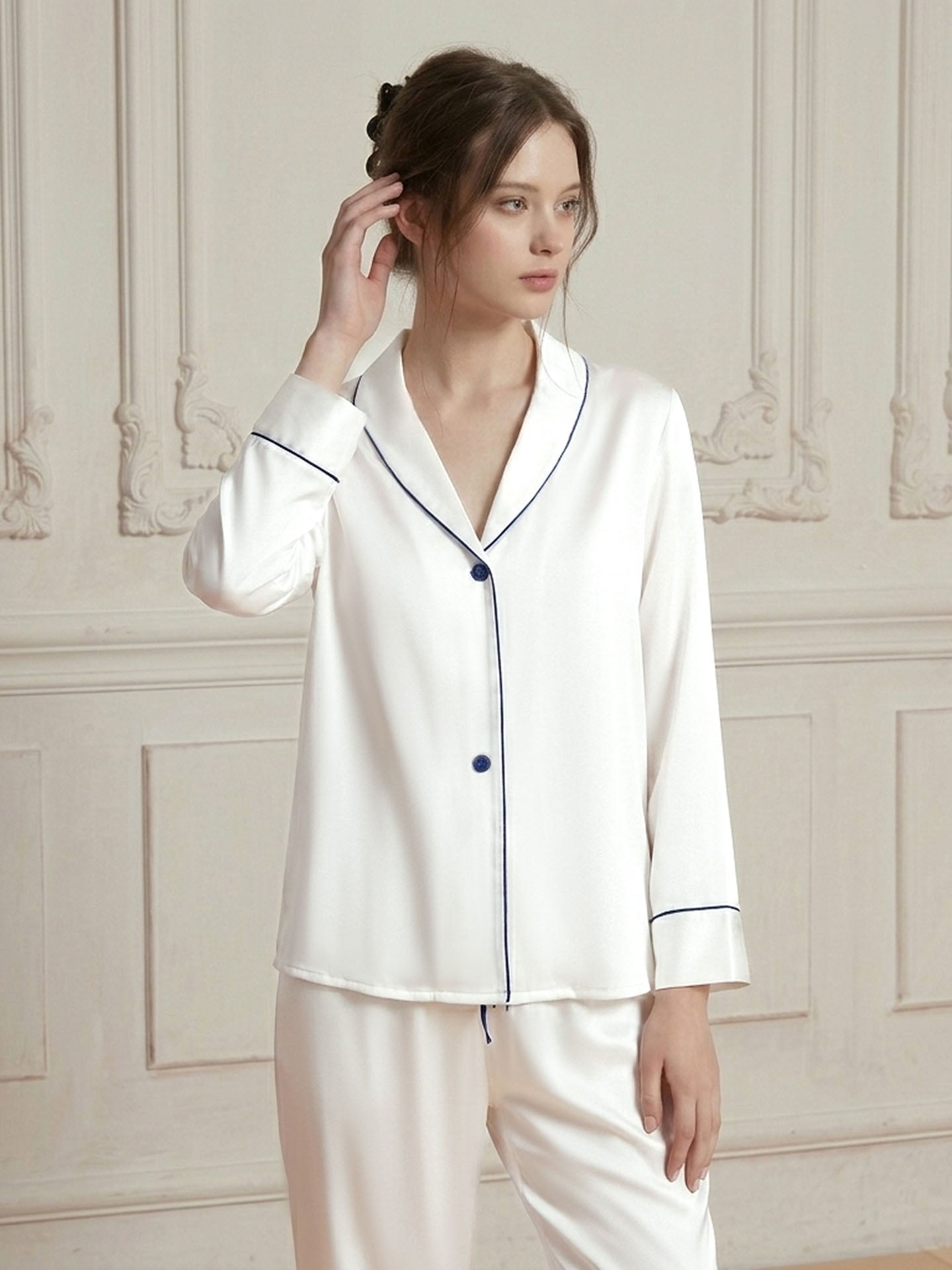 Shawl Collar Long Sleeve Long Pants Silk Suit #color_White