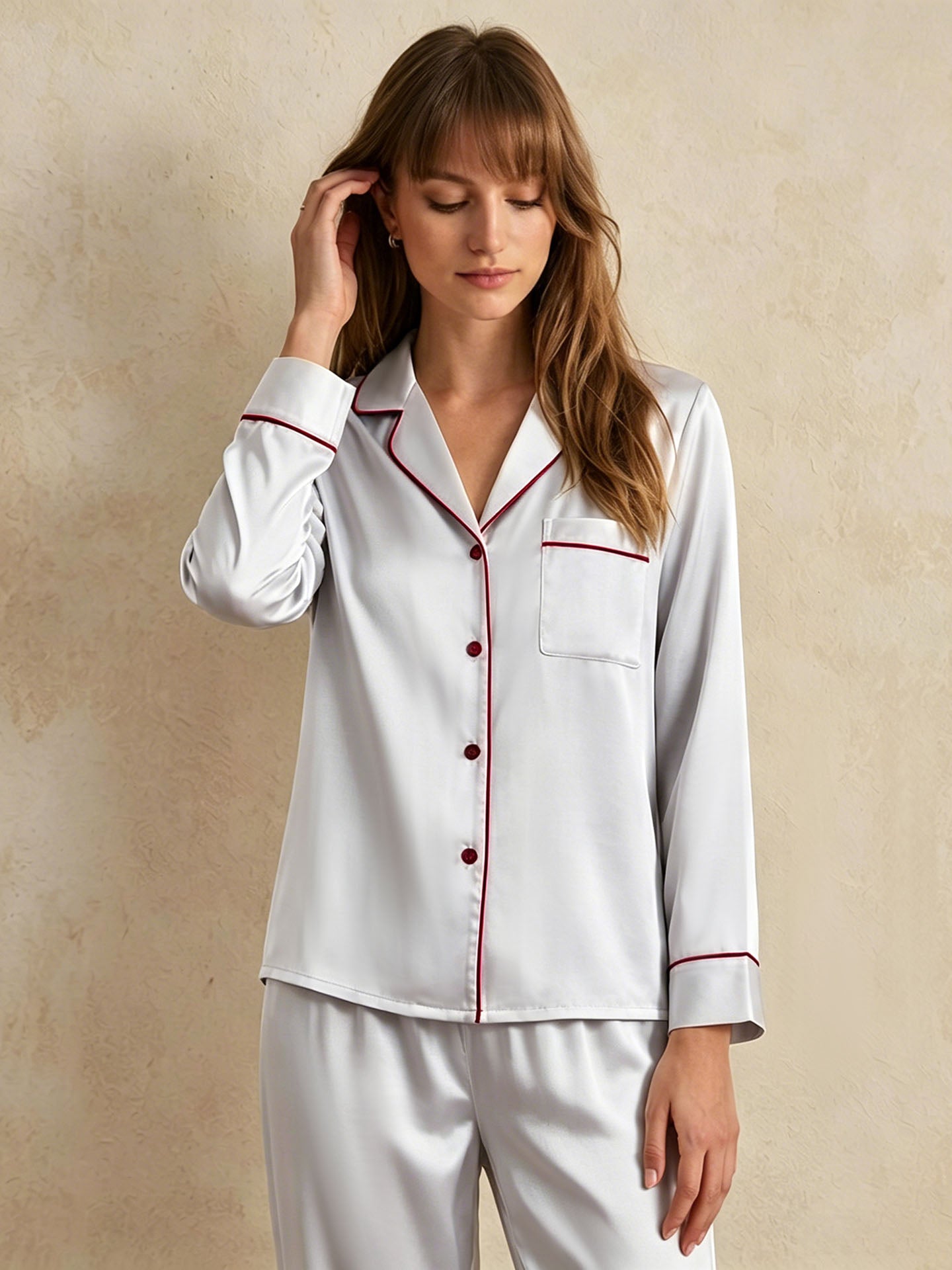 19 Momme Classic Silk Long Sleeve Long Pants Pajama Set#color_Grey