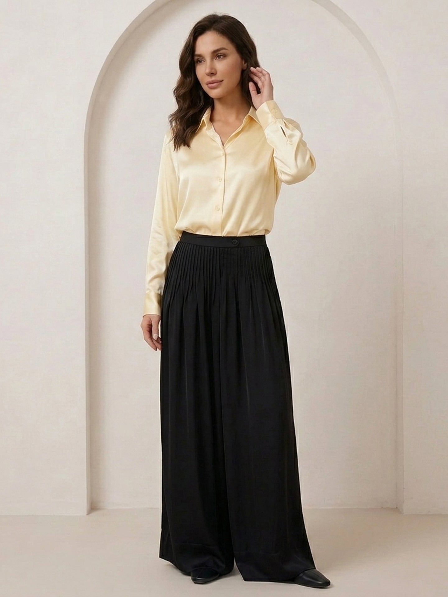 Pleated Triacetate Wide-Leg Pants #color_Black