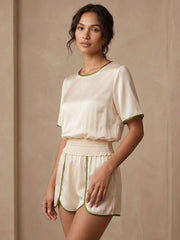 Contrast Color Split Short Sleeve Shorts Set - JANCESILK