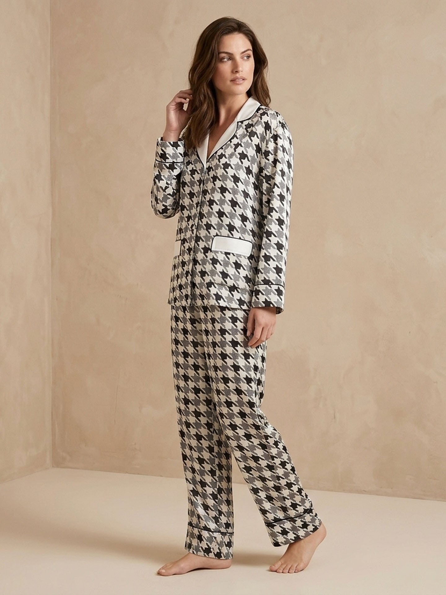 Classic Contrast Houndstooth Print Long Sleeve Trousers Se#color_Houndstooth print
