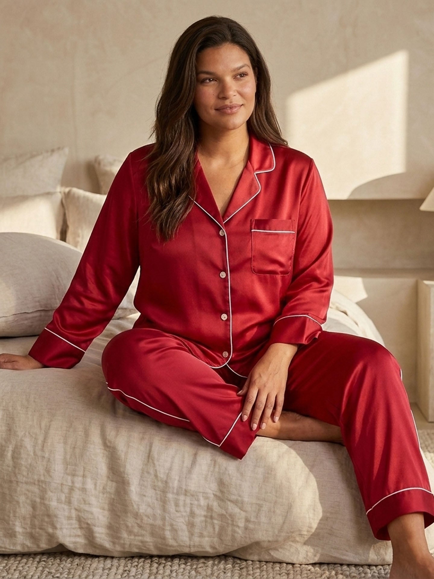 22 Momme Fashionable Long-sleeved and Long-pants Silk Suit #color_Red