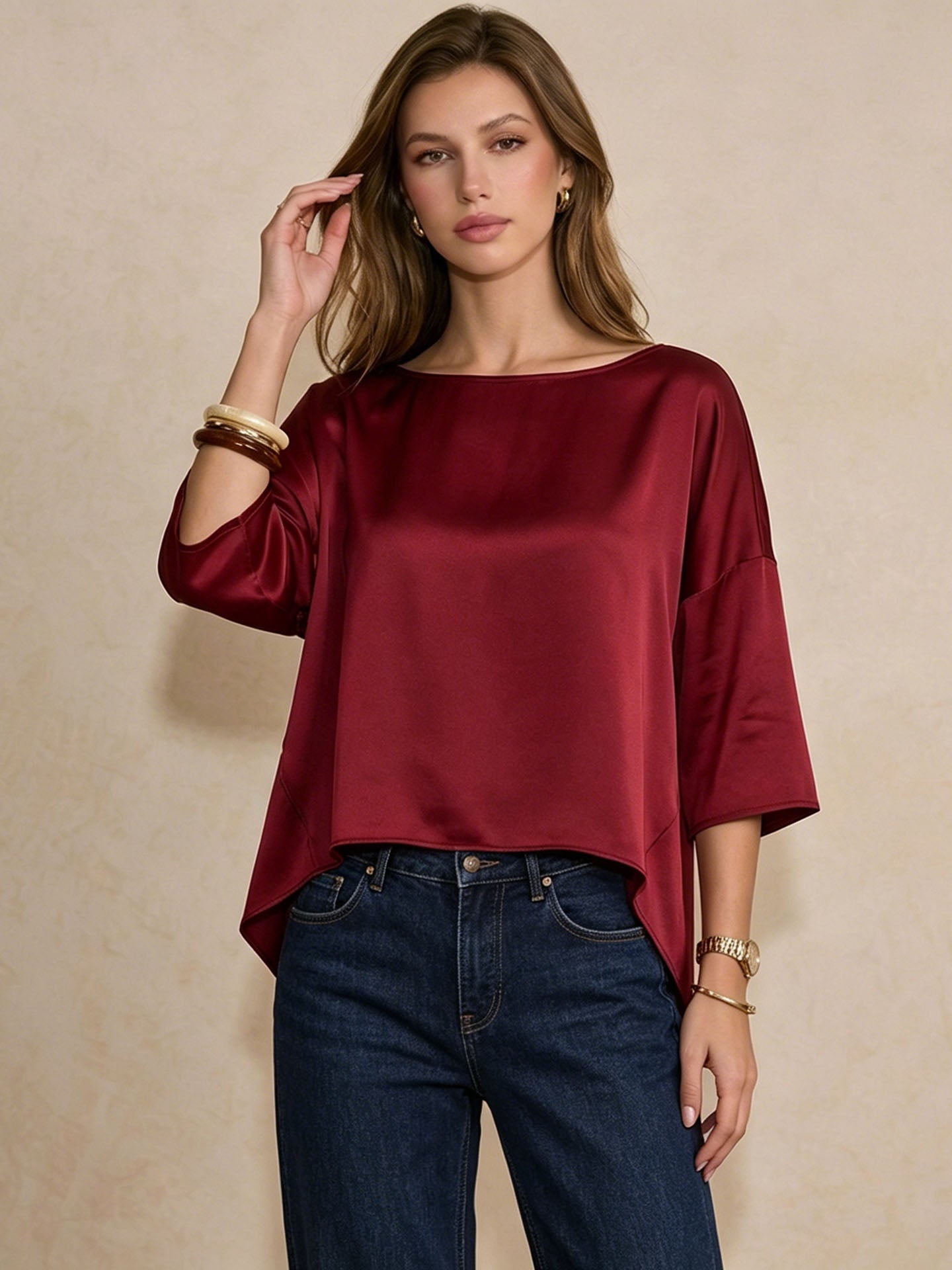 Oversized Boat Neck Silk Blouse#color_Burgundy