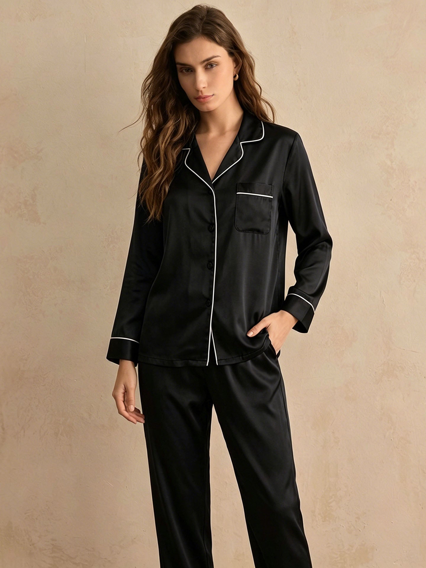 Classic Silk Long Sleeve Long Pants Pajama Set #color_Black