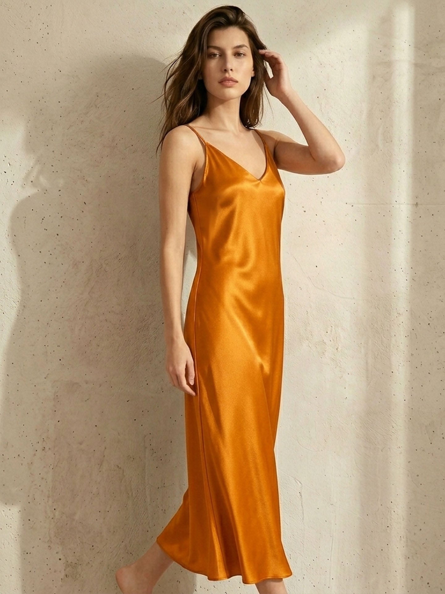 Silk Casual Suspender Dress#color_Amber Yellow