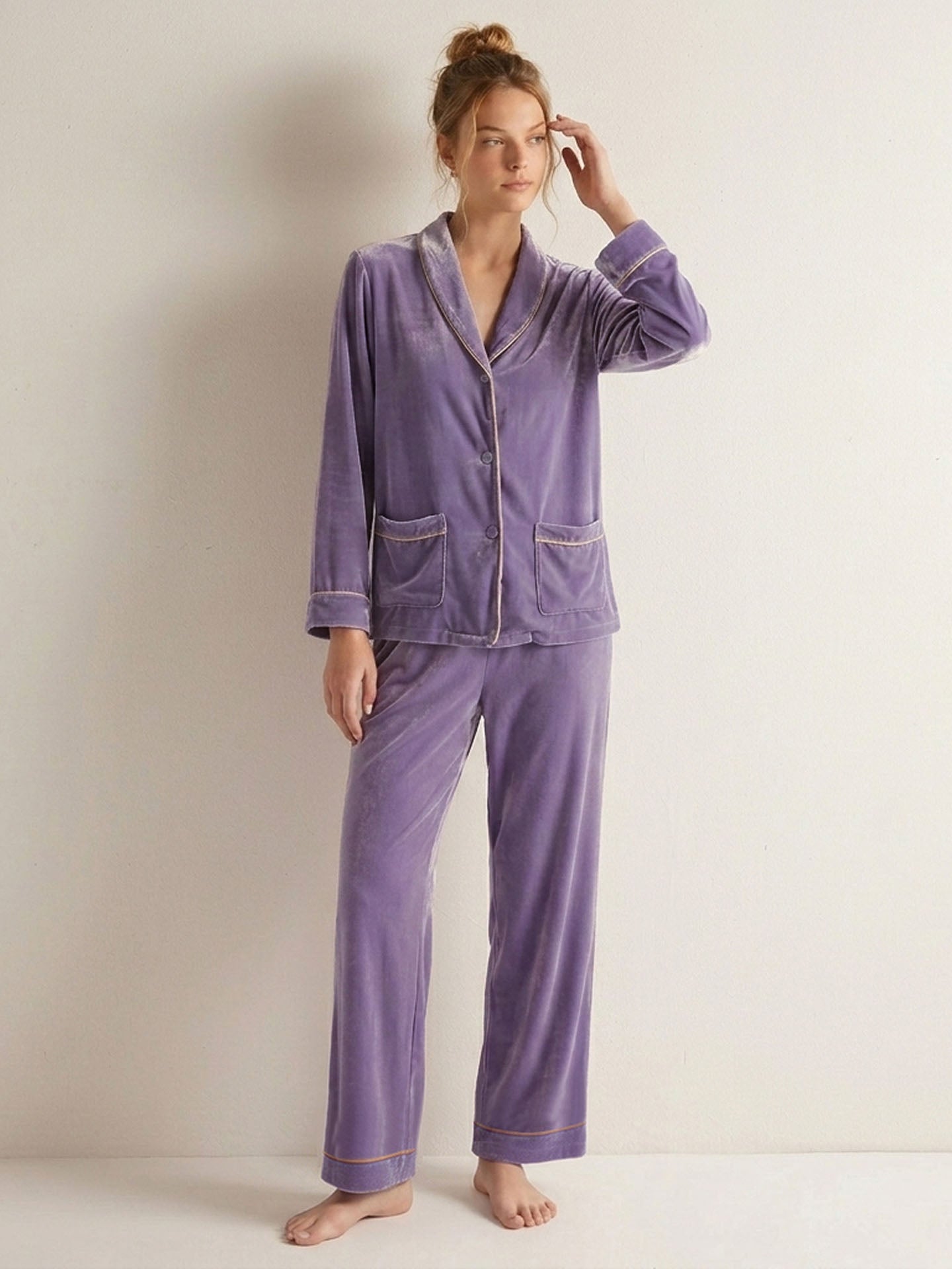 Velvet Shawl Collar Long Sleeve Trousers Suit#color_Lilac