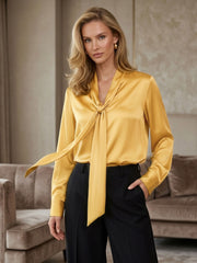Premium Mulberry Silk Pussy-Bow Blouse #color_Mustard Yellow