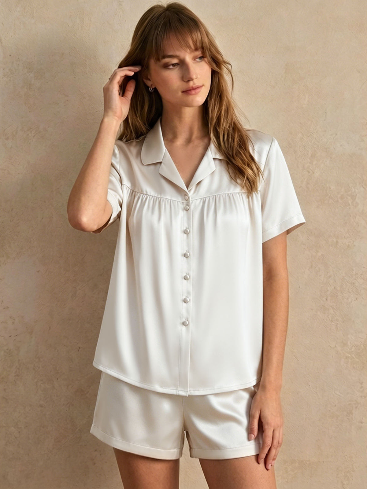 Silk Short-sleeved Shorts Suit#color_Pearl Gray