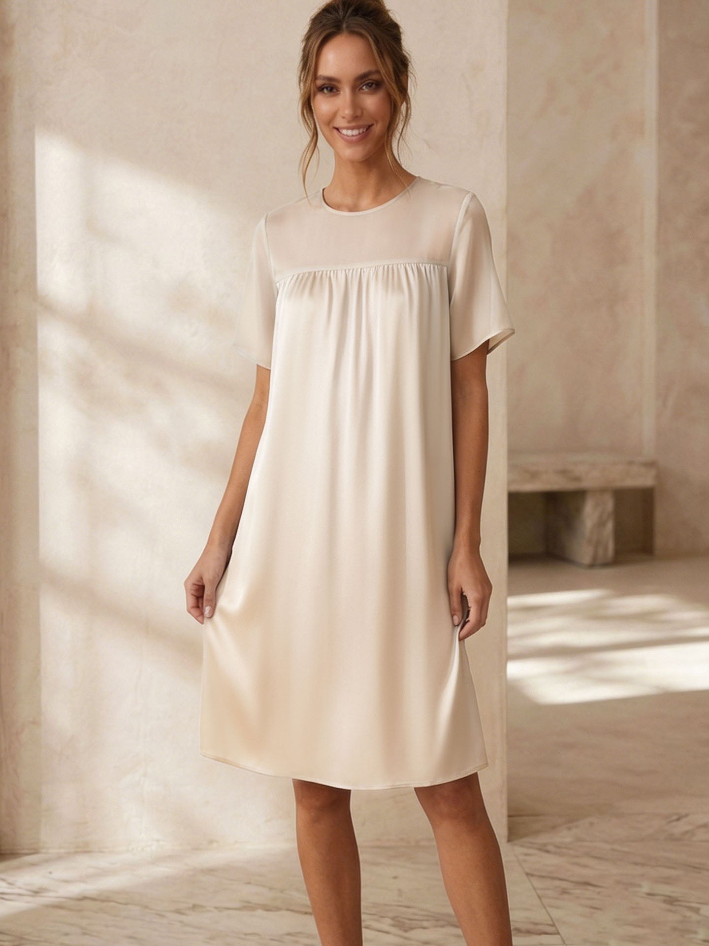 Georgette Stitching Elegant Nightdress #color_Light Lemon Yellow