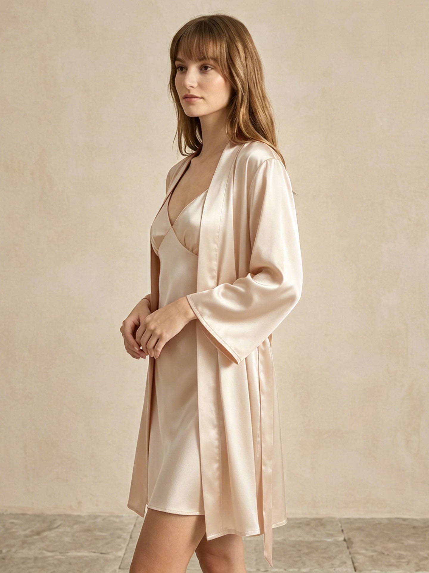 Pleated Suspender Robe Set 2Pcs #color_Blush Beige