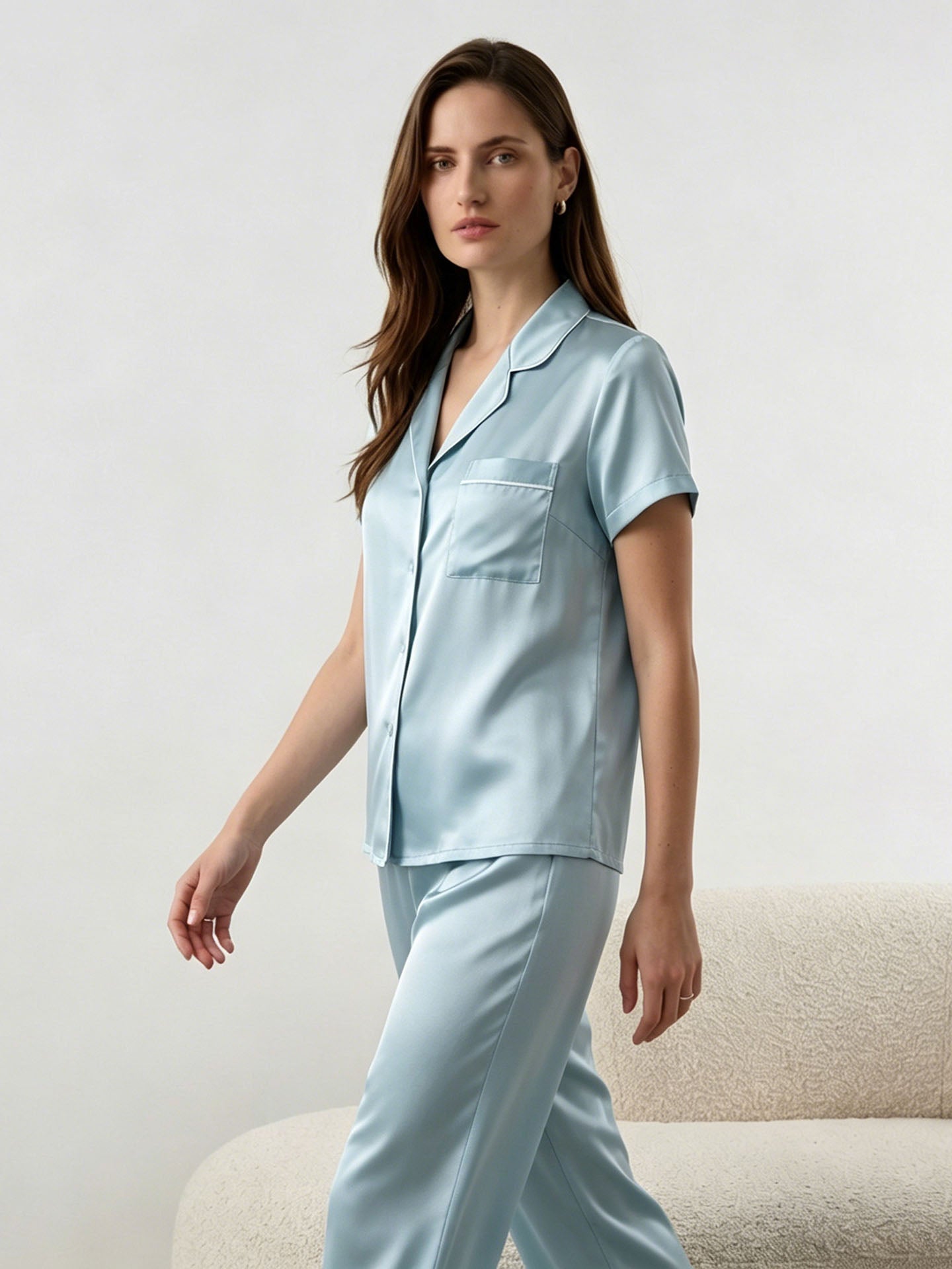 Silk Short-sleeved Trousers Suit #color_Mint Green