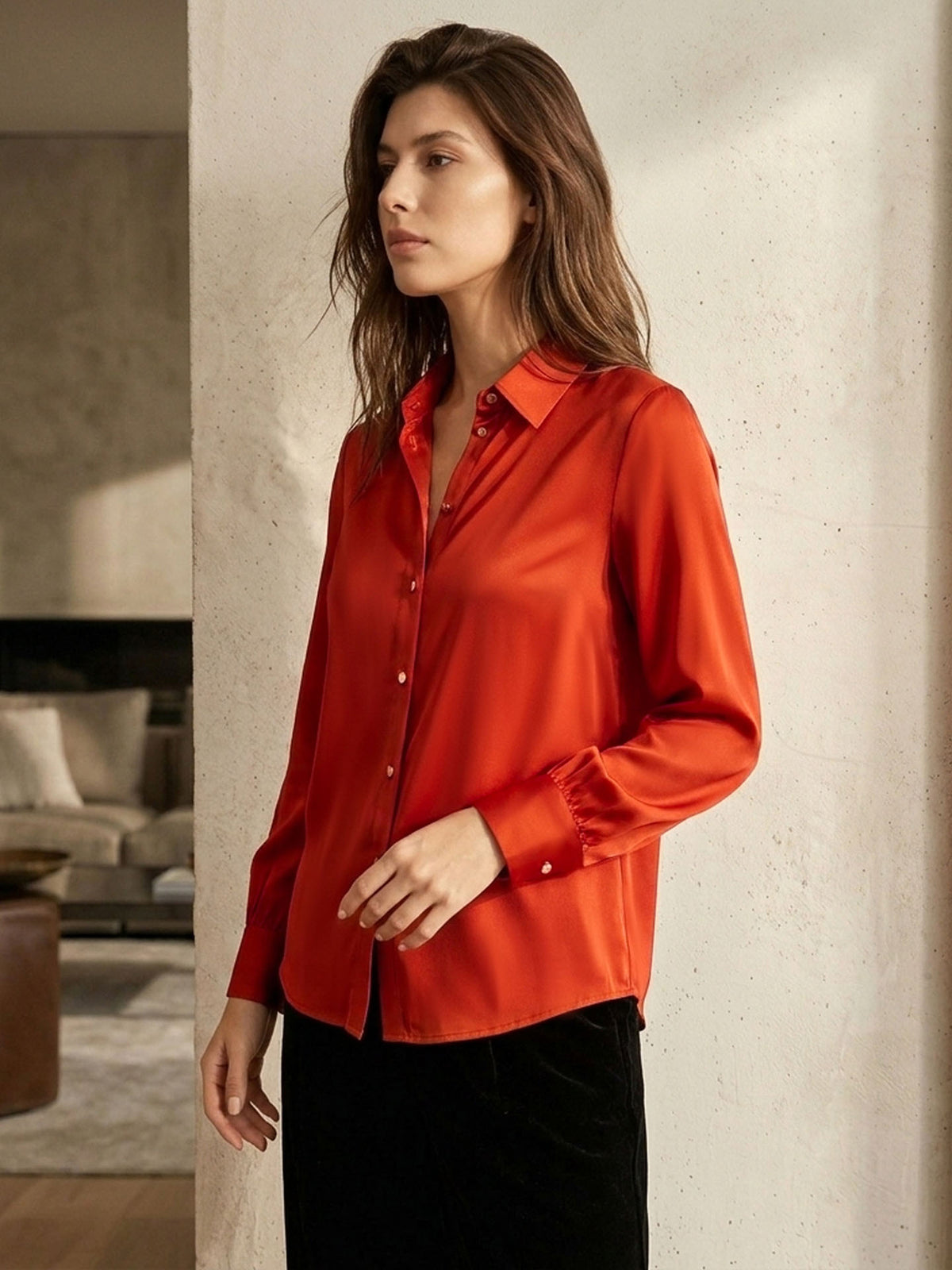 Stretch silk double joe shirt#color_Rust