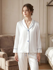 Shawl Collar Long Sleeve Long Pants Silk Suit #color_White