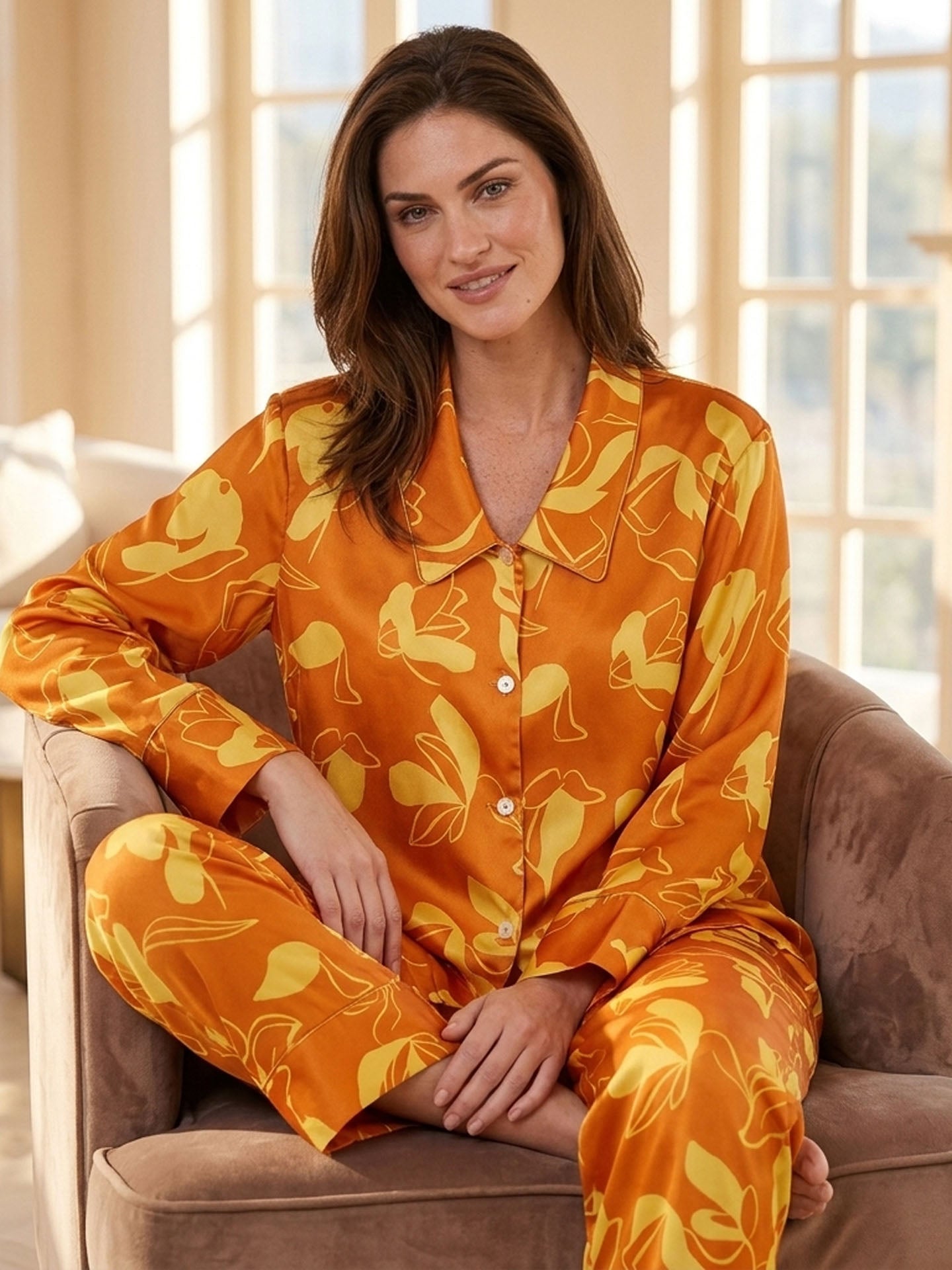 Orange Printed Silk Pajama Set #color_Orange Print