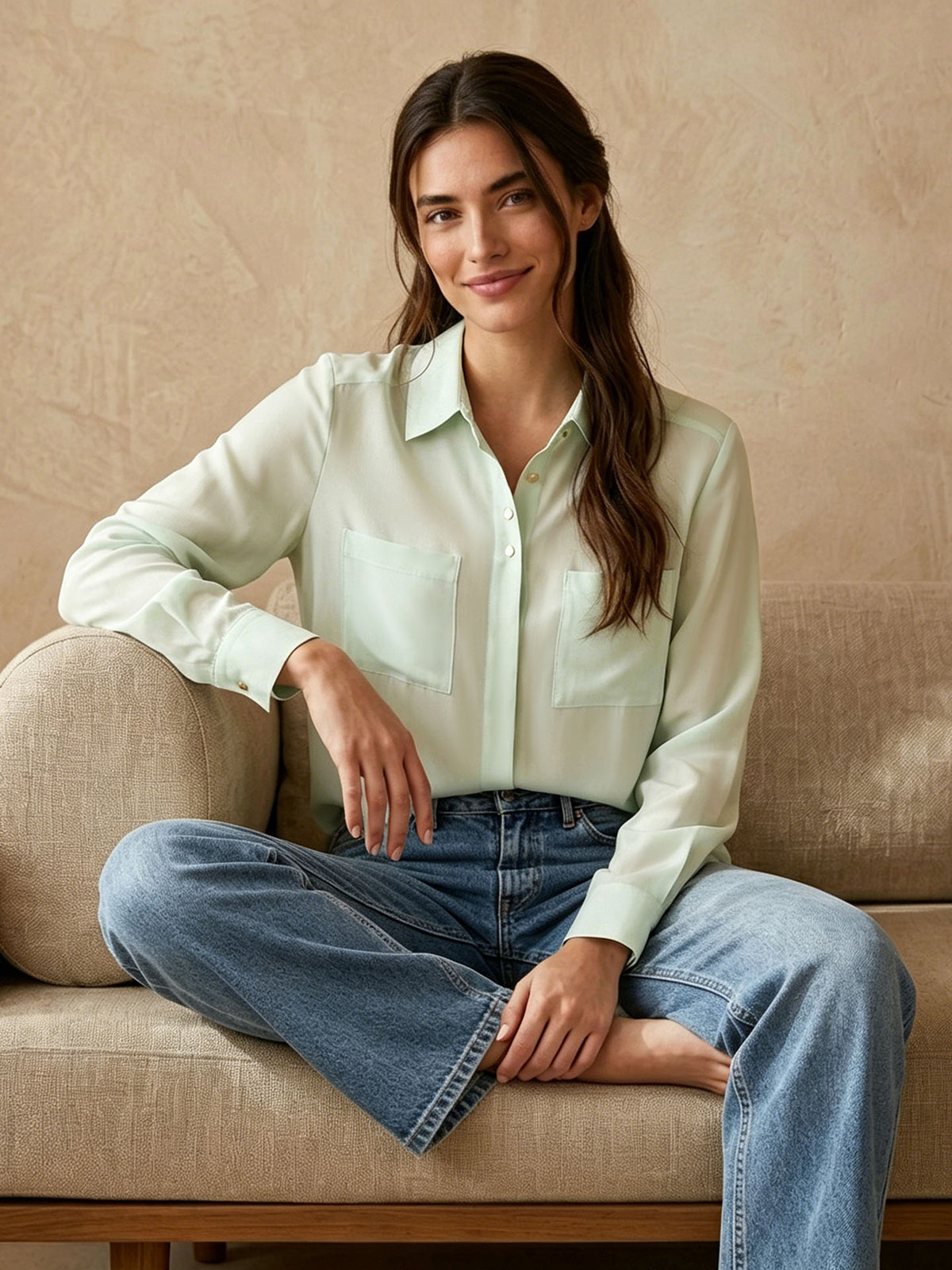 Simple silk crepe de chine shirt with concealed buttons #color_Mint Green