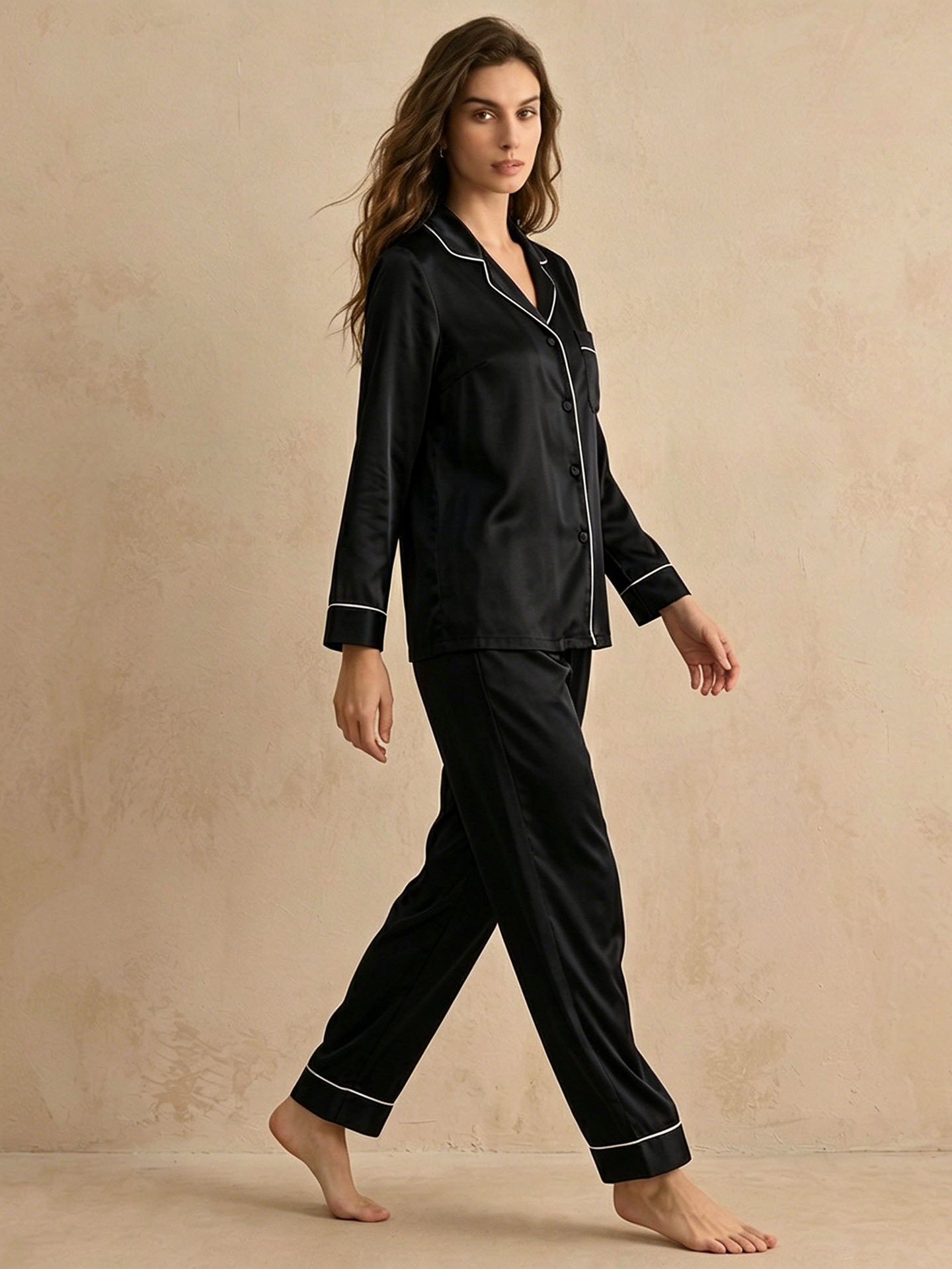 Classic Silk Long Sleeve Long Pants Pajama Set #color_Black