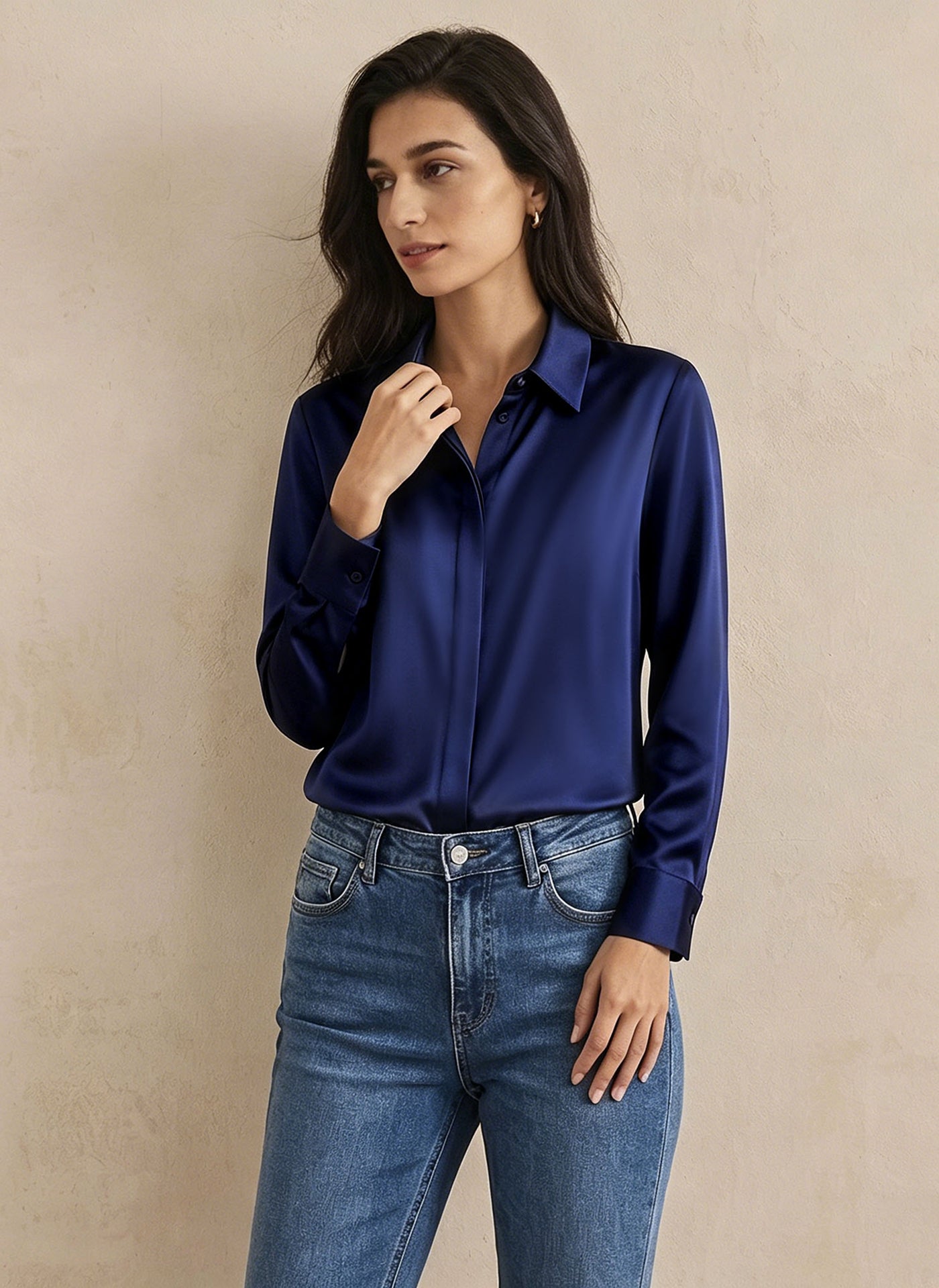 Versatile Elegance Stretch Silk Blouse#color_Navy