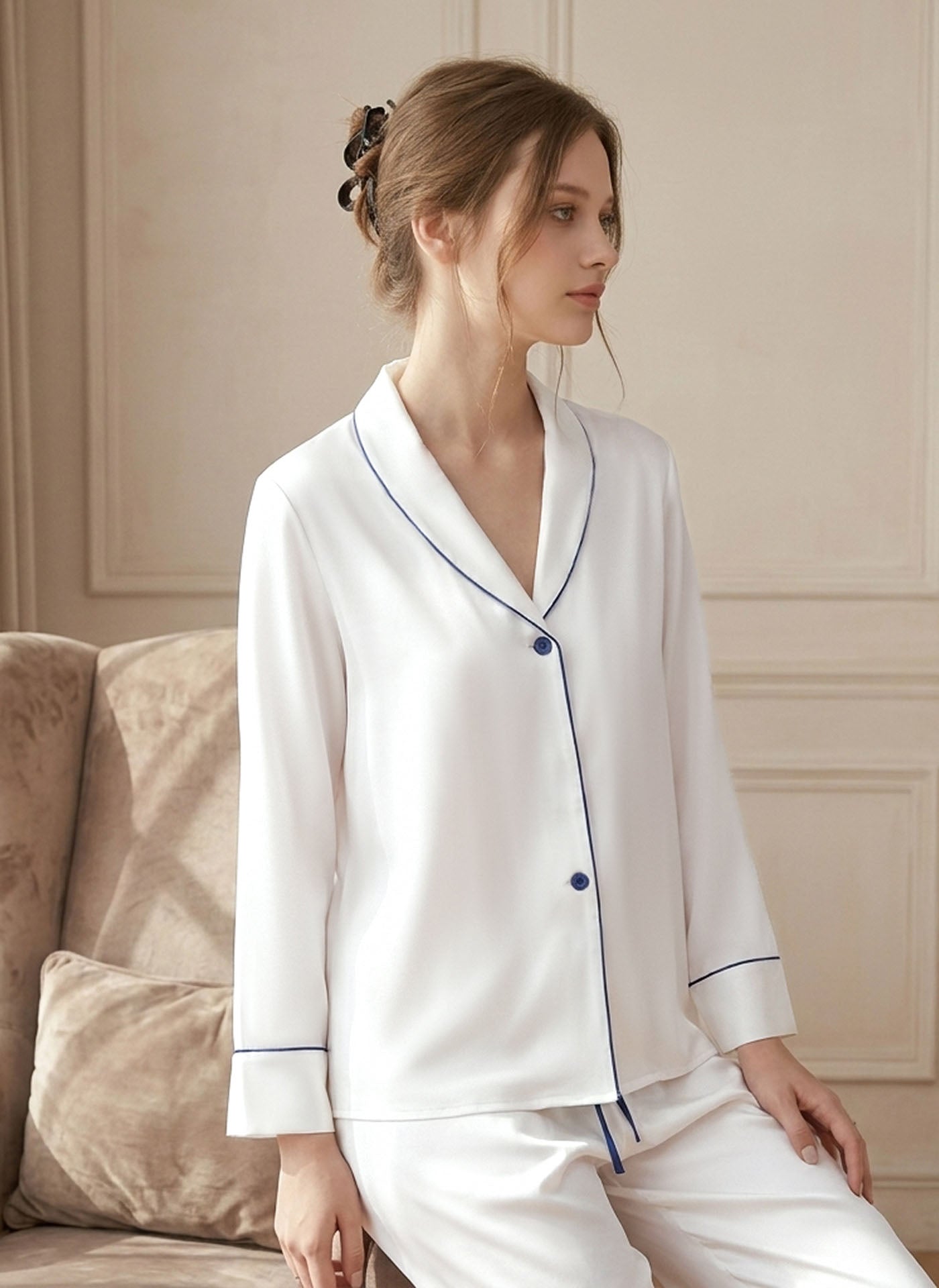 Shawl Collar Long Sleeve Long Pants Silk Suit #color_White