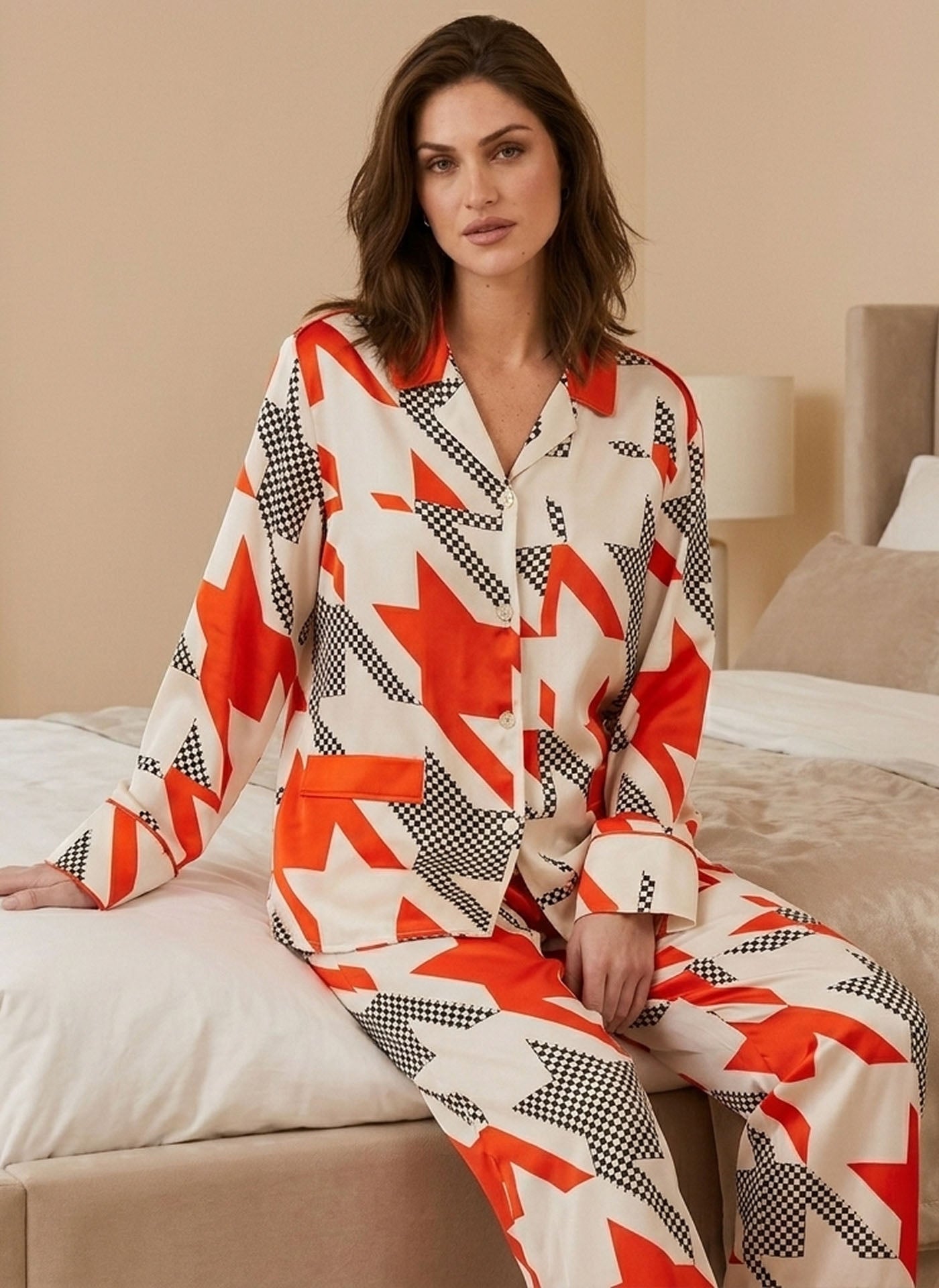 Fashion Contrast Houndstooth Print Long Sleeve Trousers Se#color_Houndstooth print