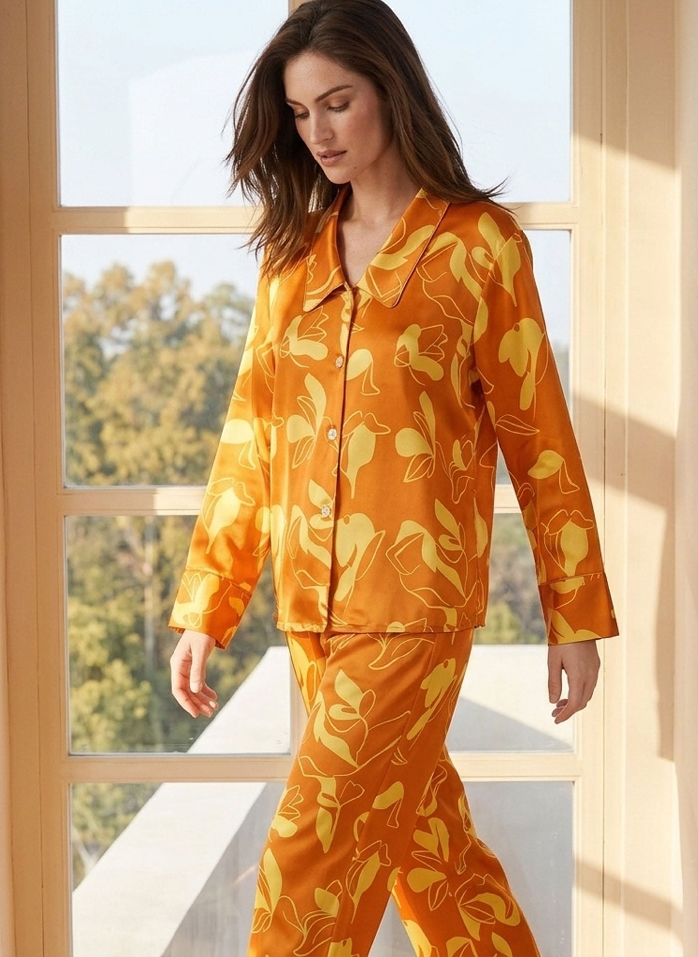 Orange Printed Silk Pajama Set #color_Orange Print