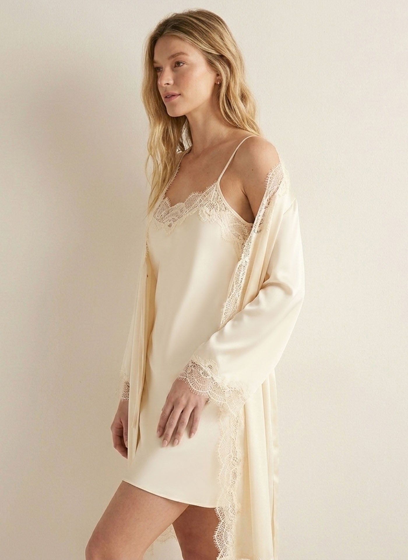 Romantic Lace Suspender Nightgown Set 2PCS#color_Soft Yellow