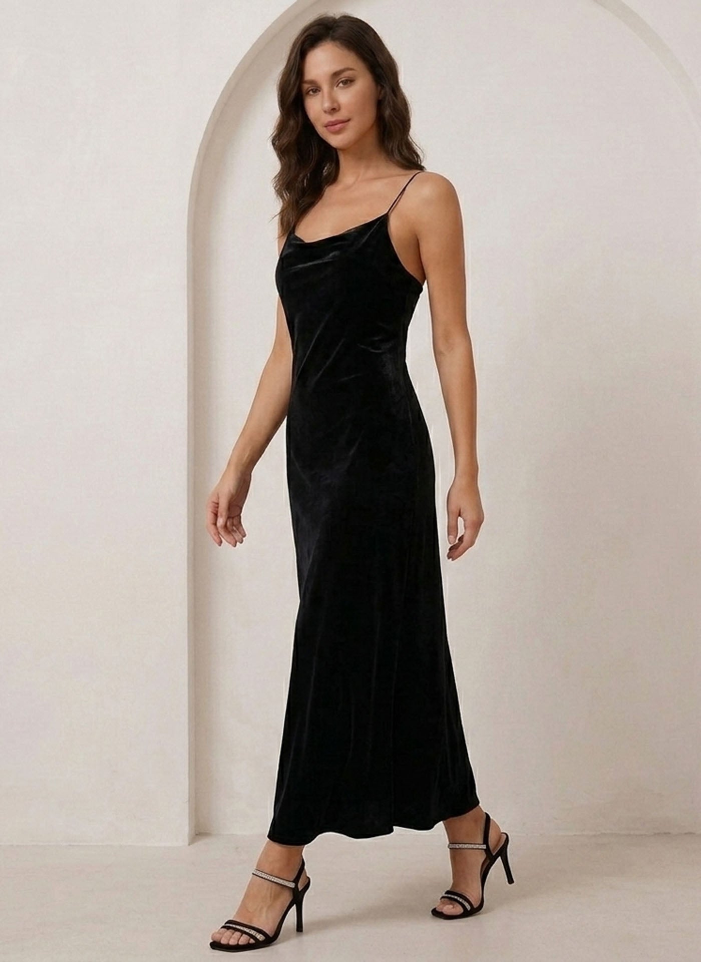 Minimalist Mulberry Silk Velvet Maxi Slip Dress #color_Black