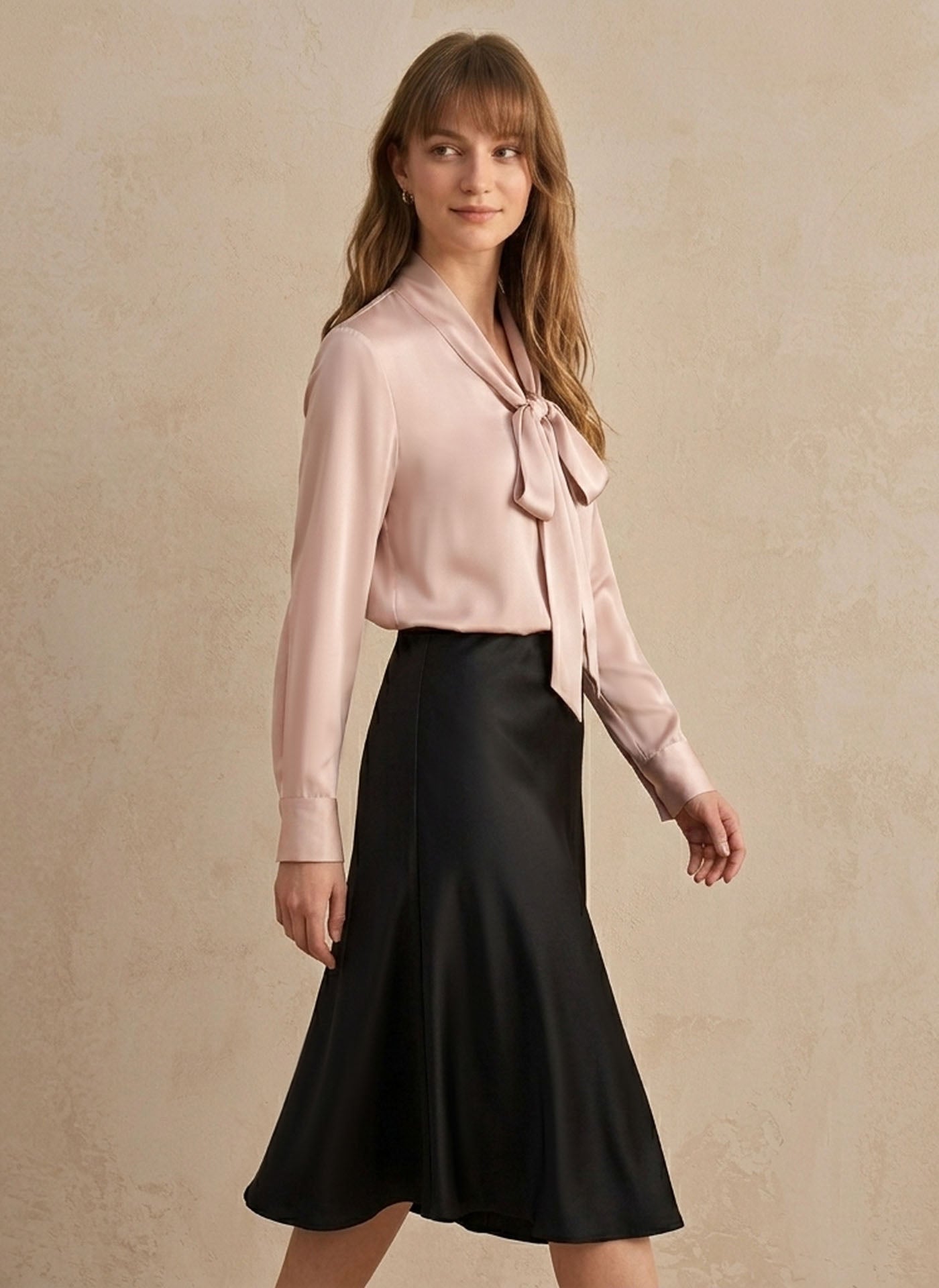 Premium Mulberry Silk Pussy-Bow Blouse #color_Blush