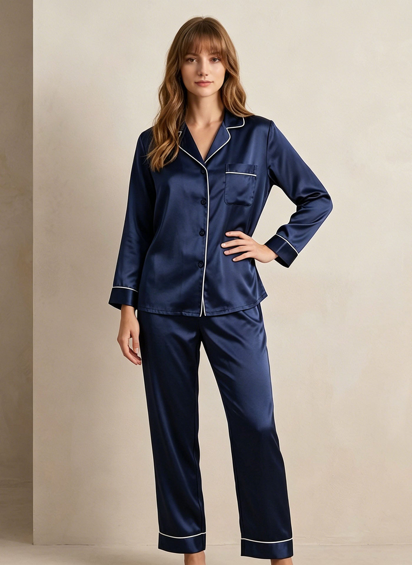 19 Momme Classic Silk Long Sleeve Long Pants Pajama Set#color_Navy