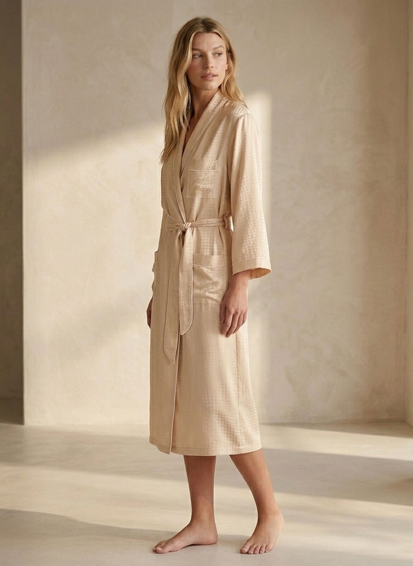 Houndstooth Silk Robe #color_Light Gold