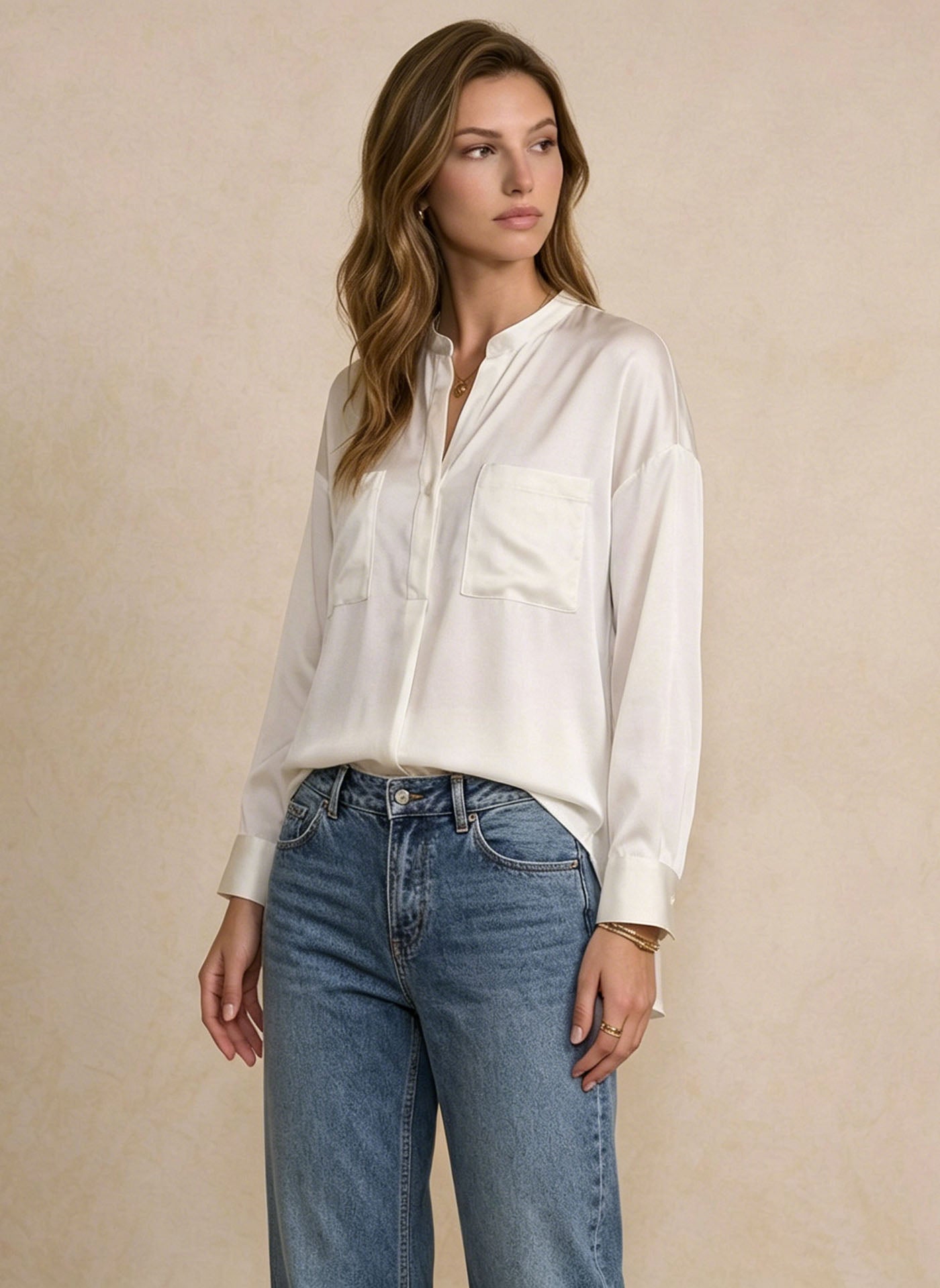 Luxe Deep V-Neck Mulberry Silk Long Sleeve Blouse#color_Ivory White