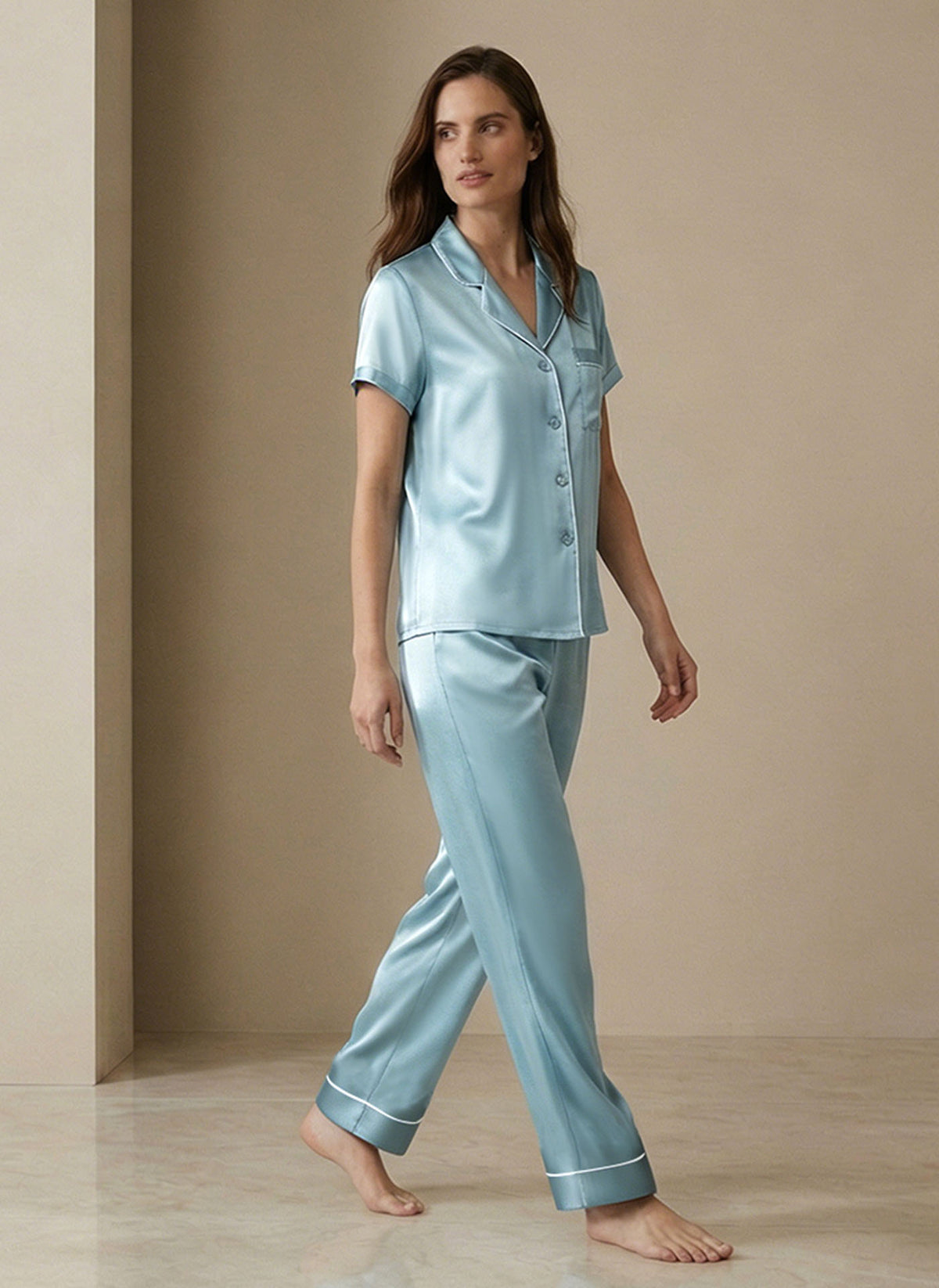 Silk Short-sleeved Trousers Suit #color_Turquoise