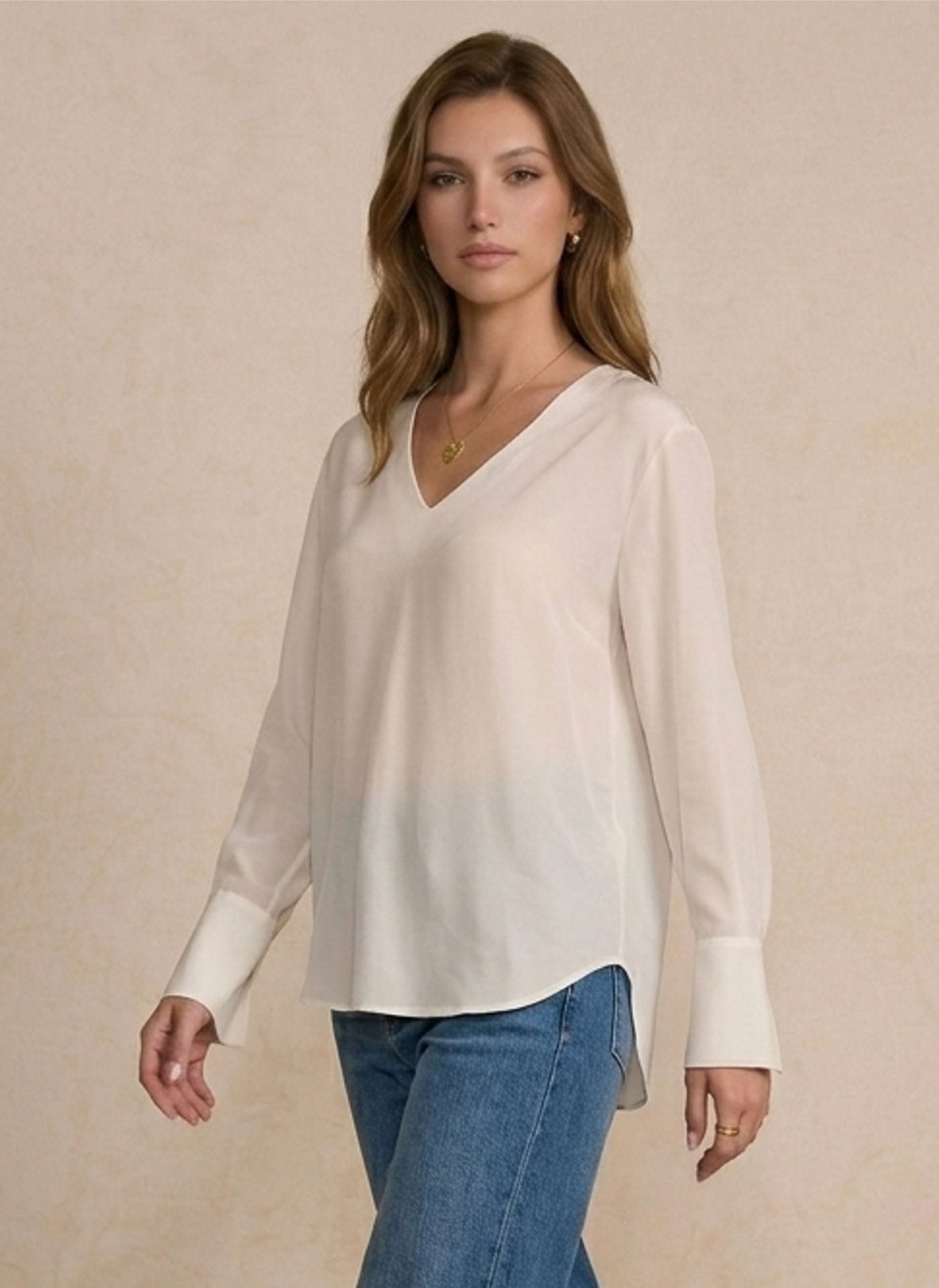 V-Neck Drop Shoulder Silk Blouse#color_White