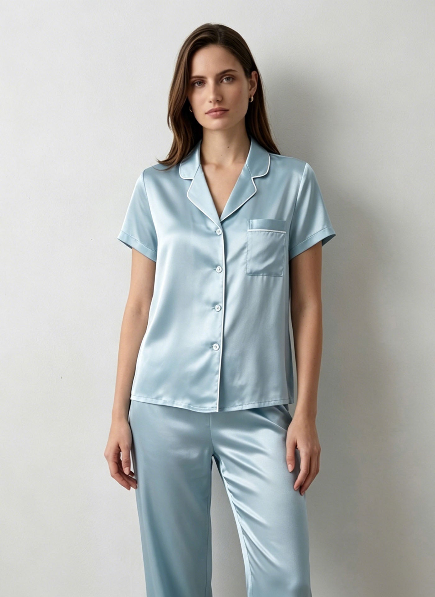 Silk Short-sleeved Trousers Suit #color_Mint Green