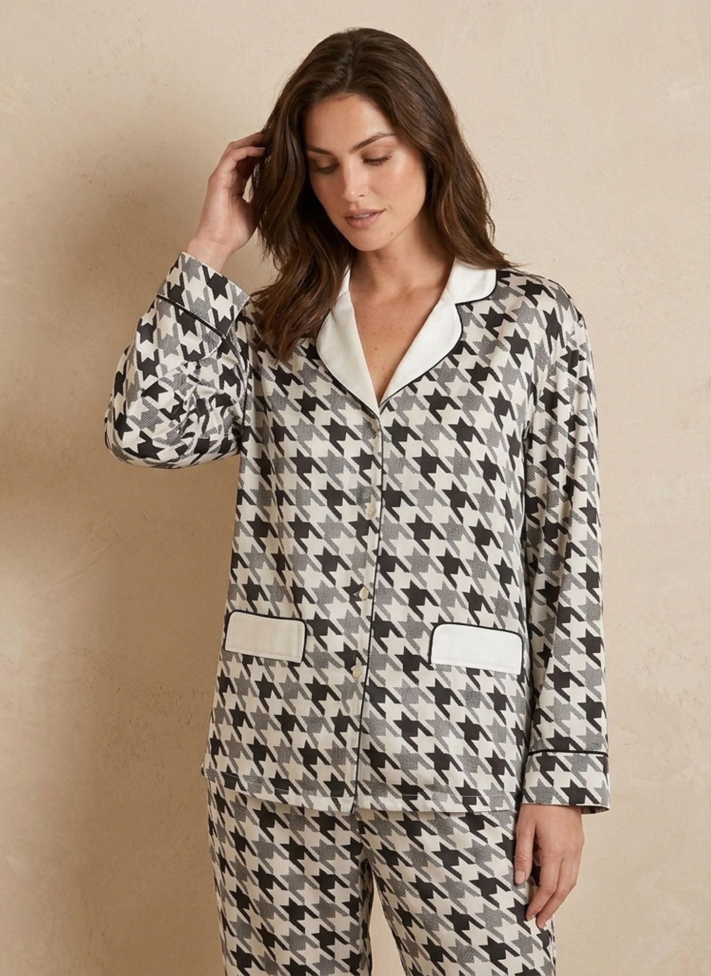 Classic Contrast Houndstooth Print Long Sleeve Trousers Se#color_Houndstooth print