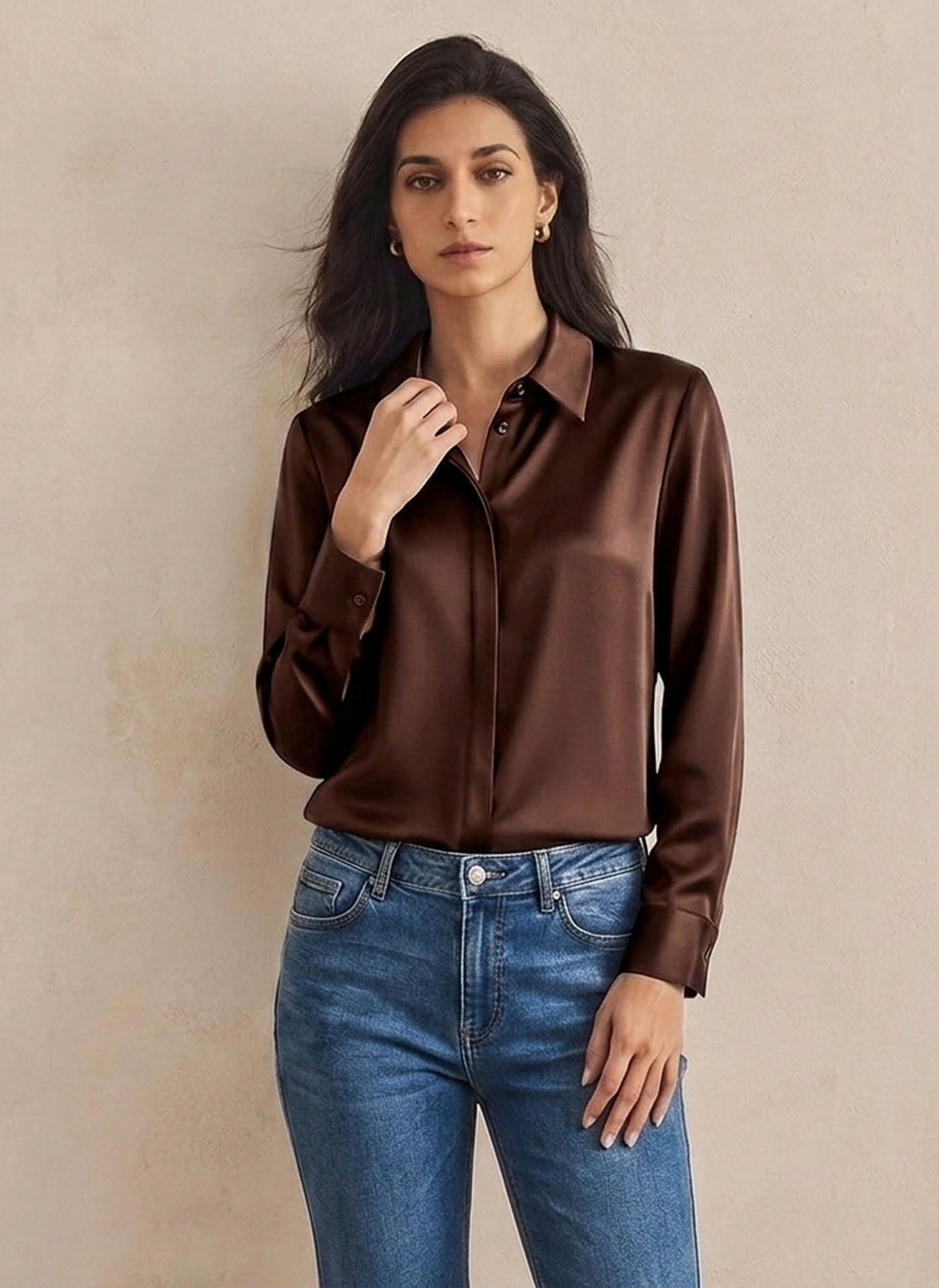 Versatile Elegance Stretch Silk Blouse#color Chocolate