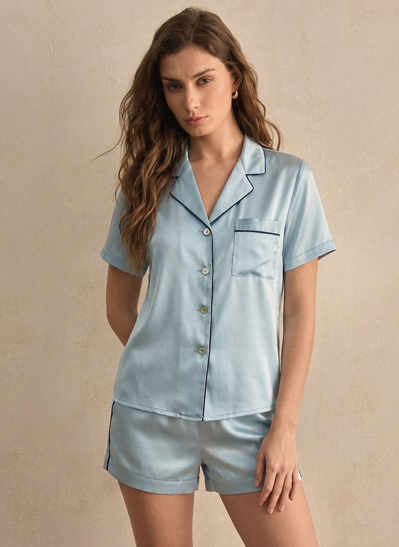 Casual Short-sleeved Shorts Silk Suit#color_Dusty Blue