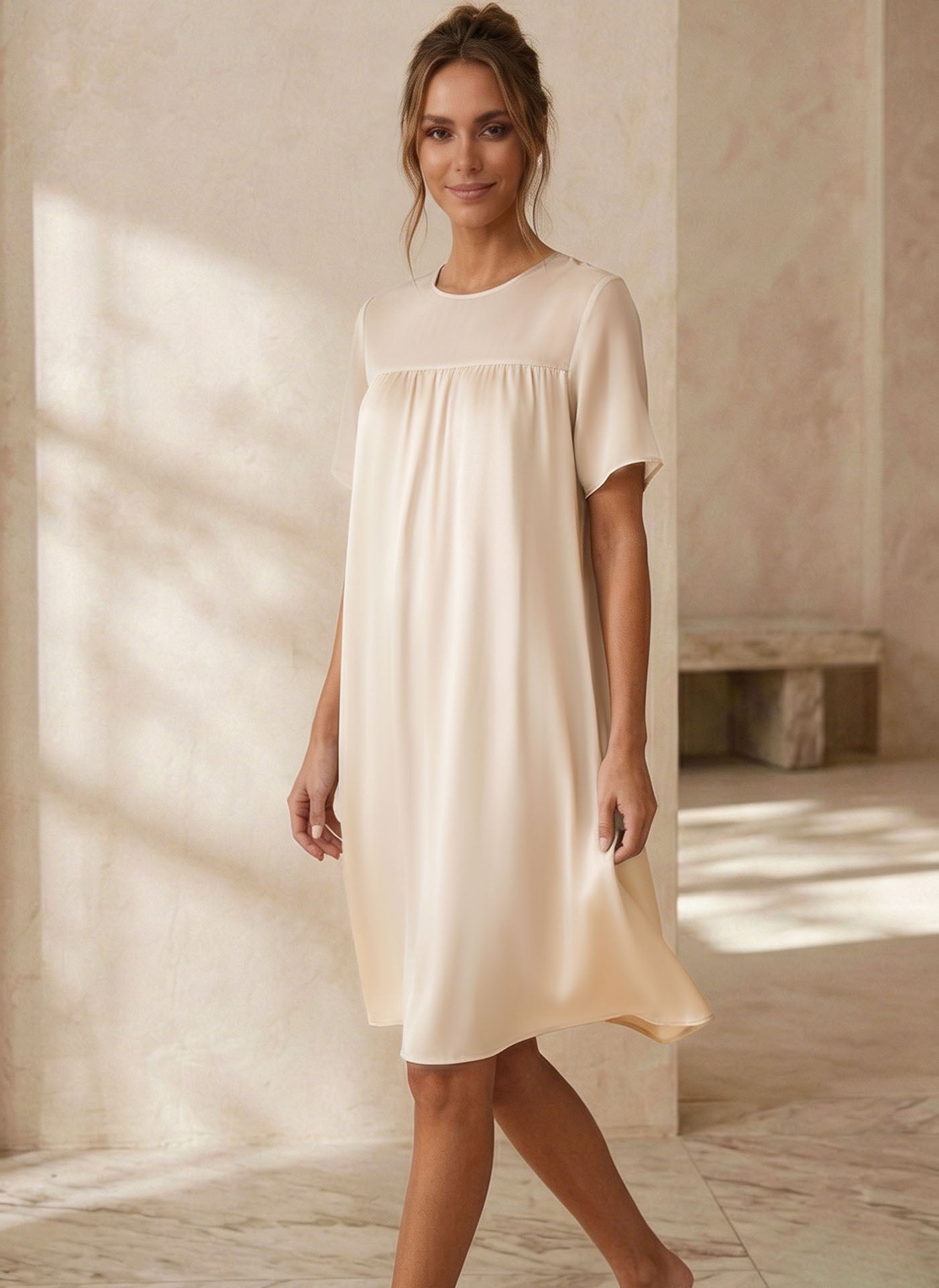 Georgette Stitching Elegant Nightdress #color_Light Lemon Yellow