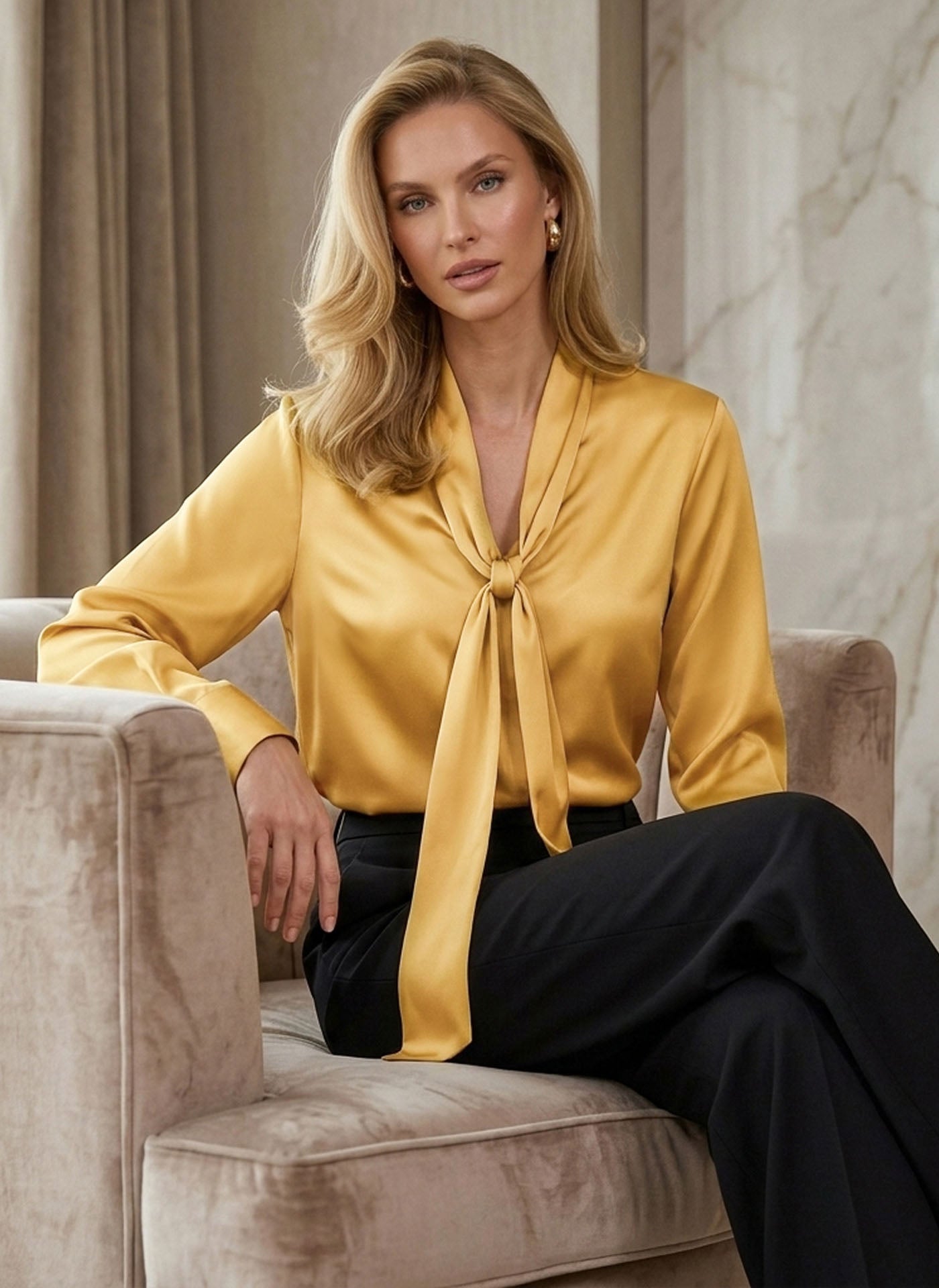 Premium Mulberry Silk Pussy-Bow Blouse #color_Mustard Yellow