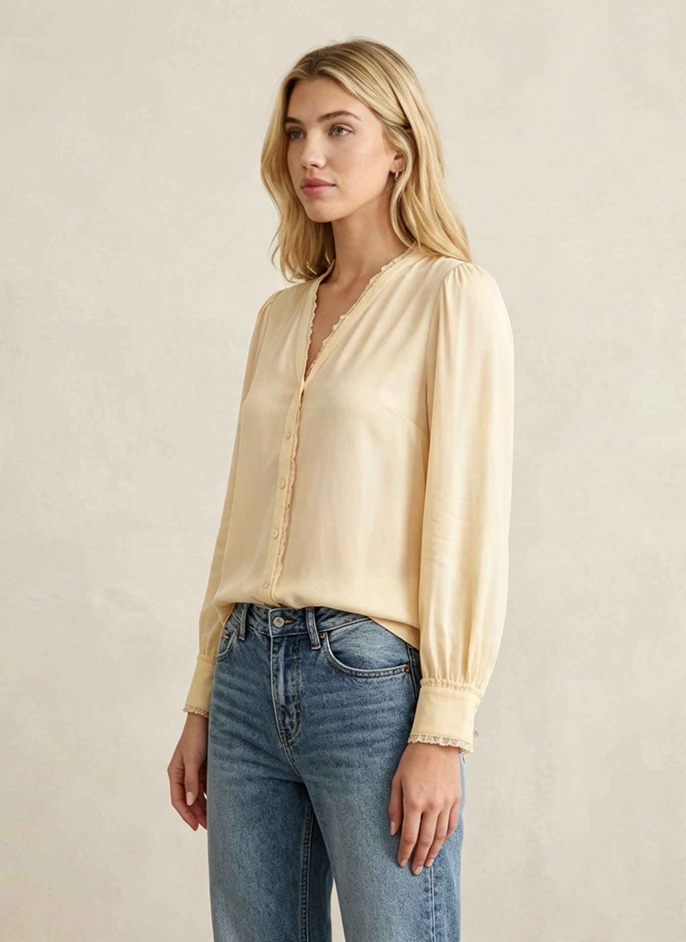 Lace-trimmed crepe de chine silk shirt #color_Light Lemon Yellow