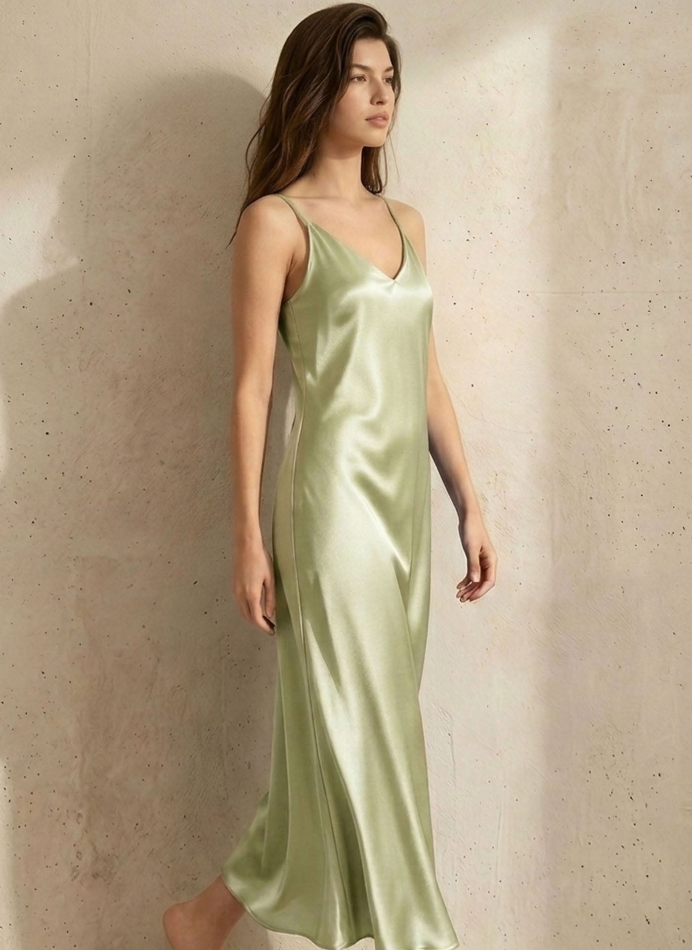Silk Casual Suspender Dress #color_Sage Green
