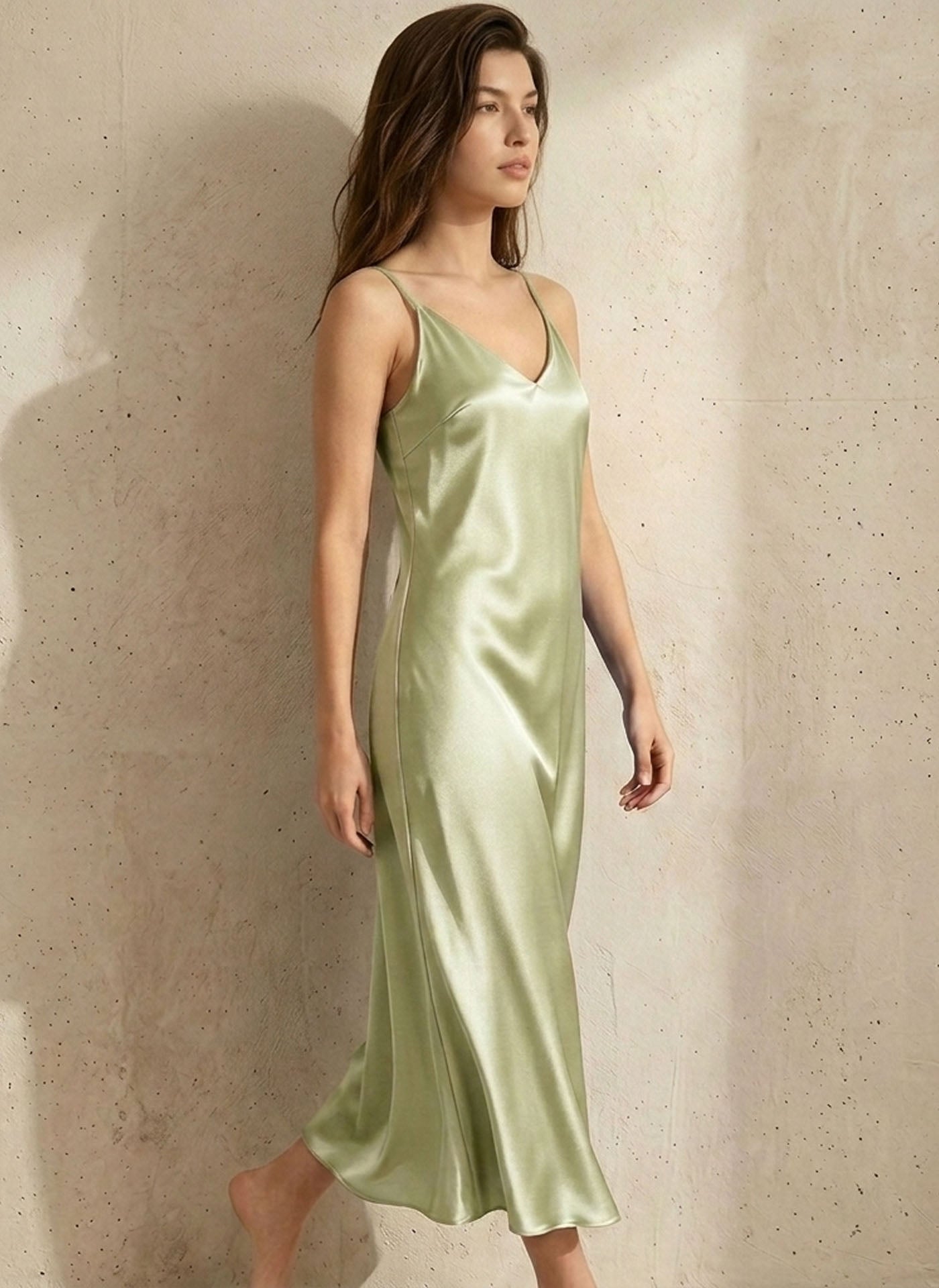Silk Casual Suspender Dress #color_Sage Green