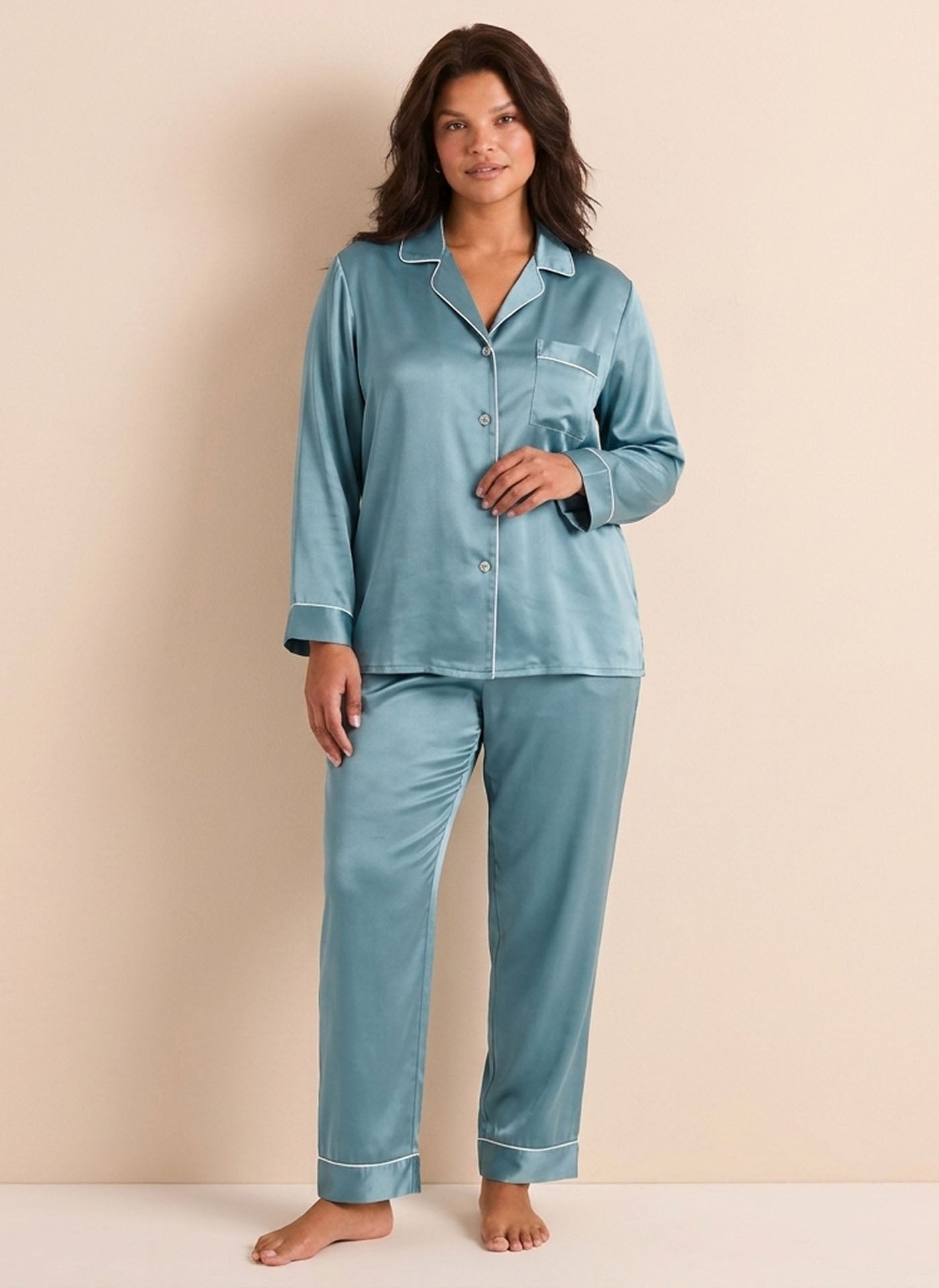 22 Momme Fashionable Long-sleeved and Long-pants Silk Suit #color_Dusty Blue