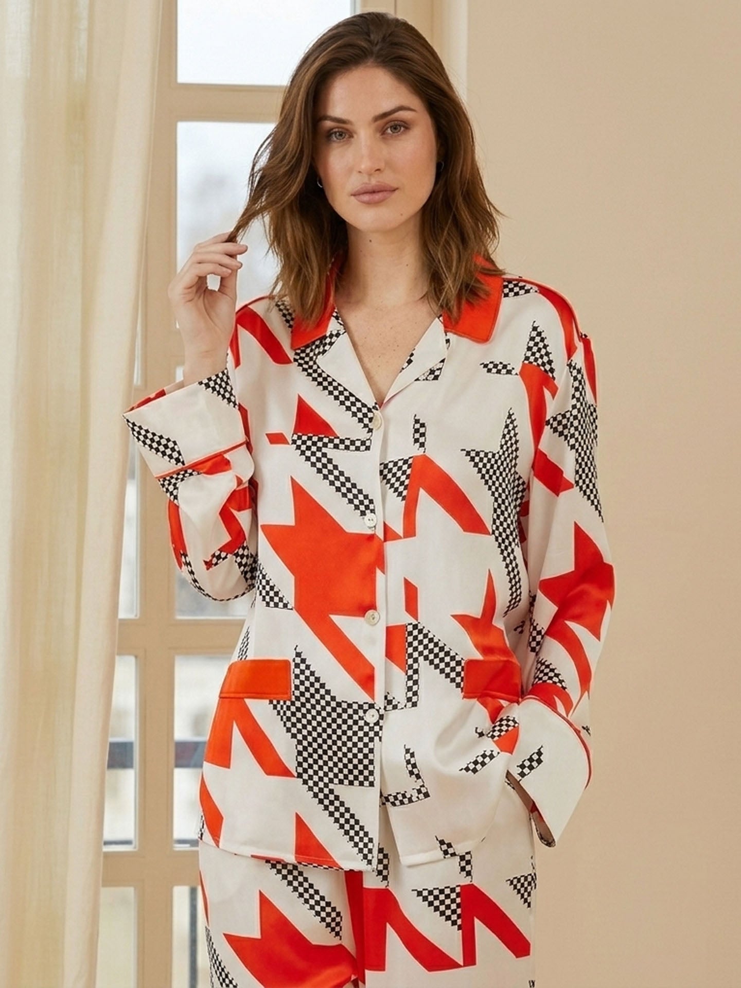 Fashion Contrast Houndstooth Print Long Sleeve Trousers Se#color_Houndstooth print