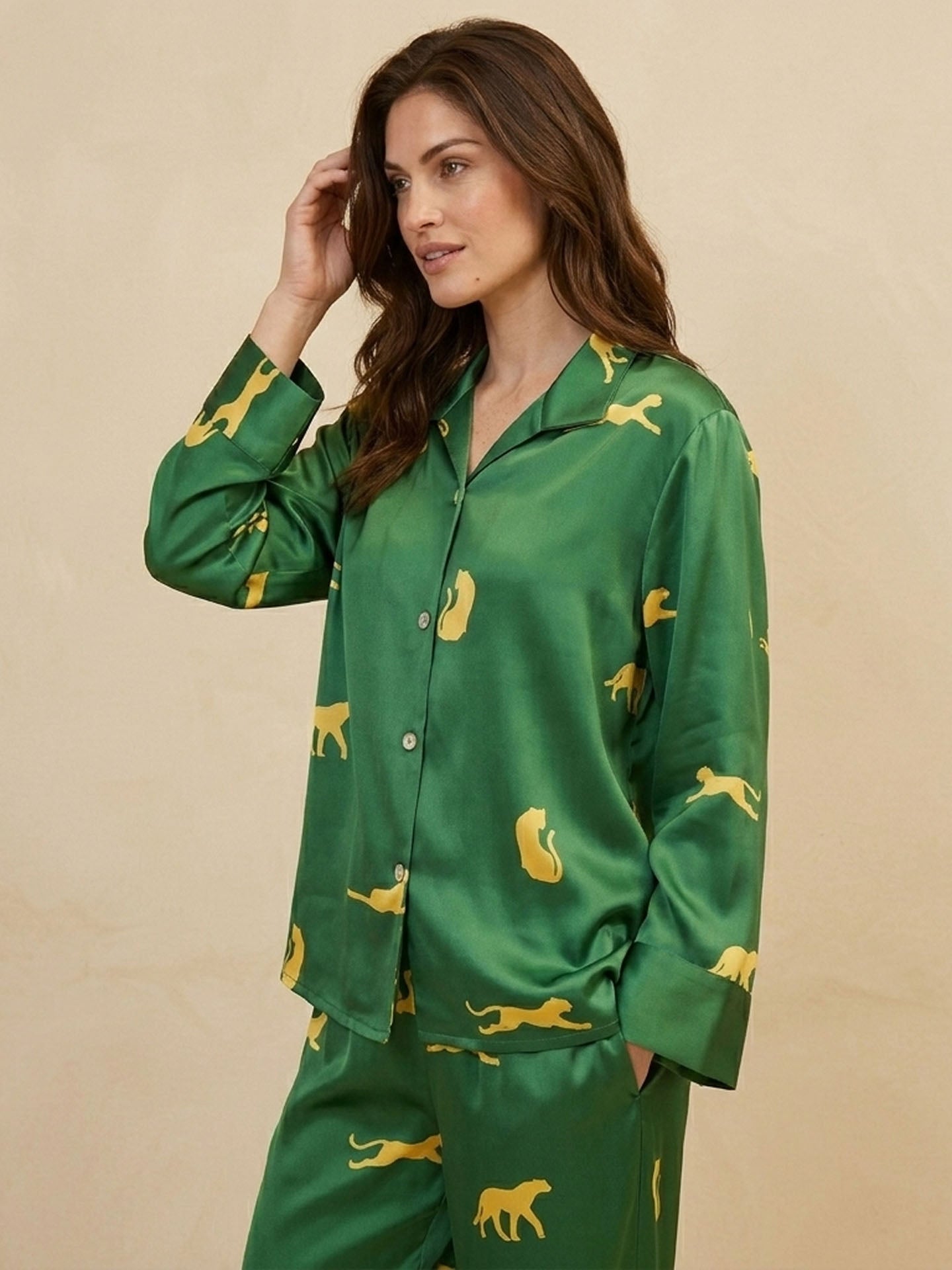 Leopard Print Long Sleeve Trousers Suit #color_Dark green