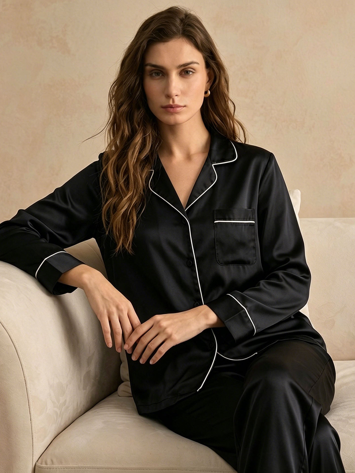 Classic Silk Long Sleeve Long Pants Pajama Set #color_Black