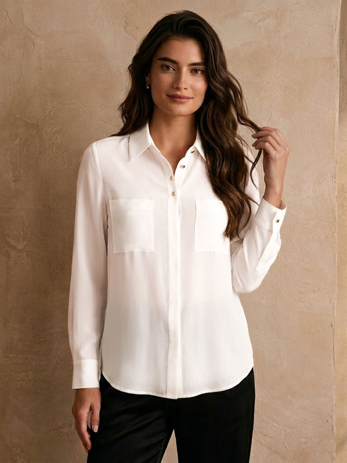 Simple silk crepe de chine shirt with concealed buttons #color_White