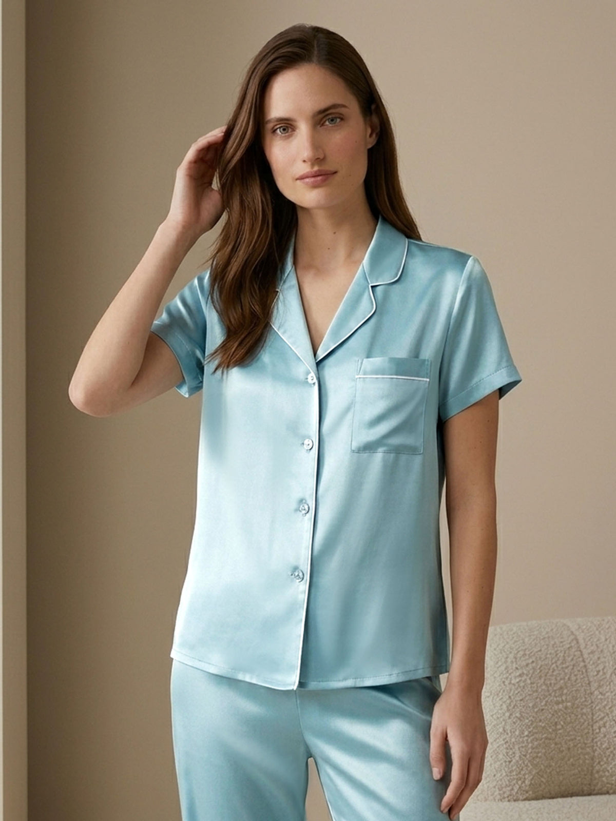 Silk Short-sleeved Trousers Suit #color_Turquoise